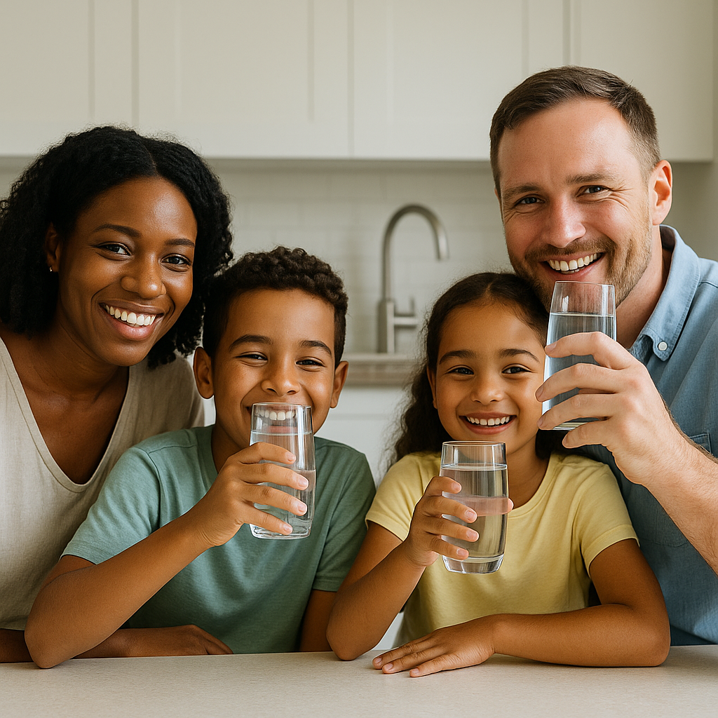 Family drinking crystal-clear AquaShield water in their kitchen