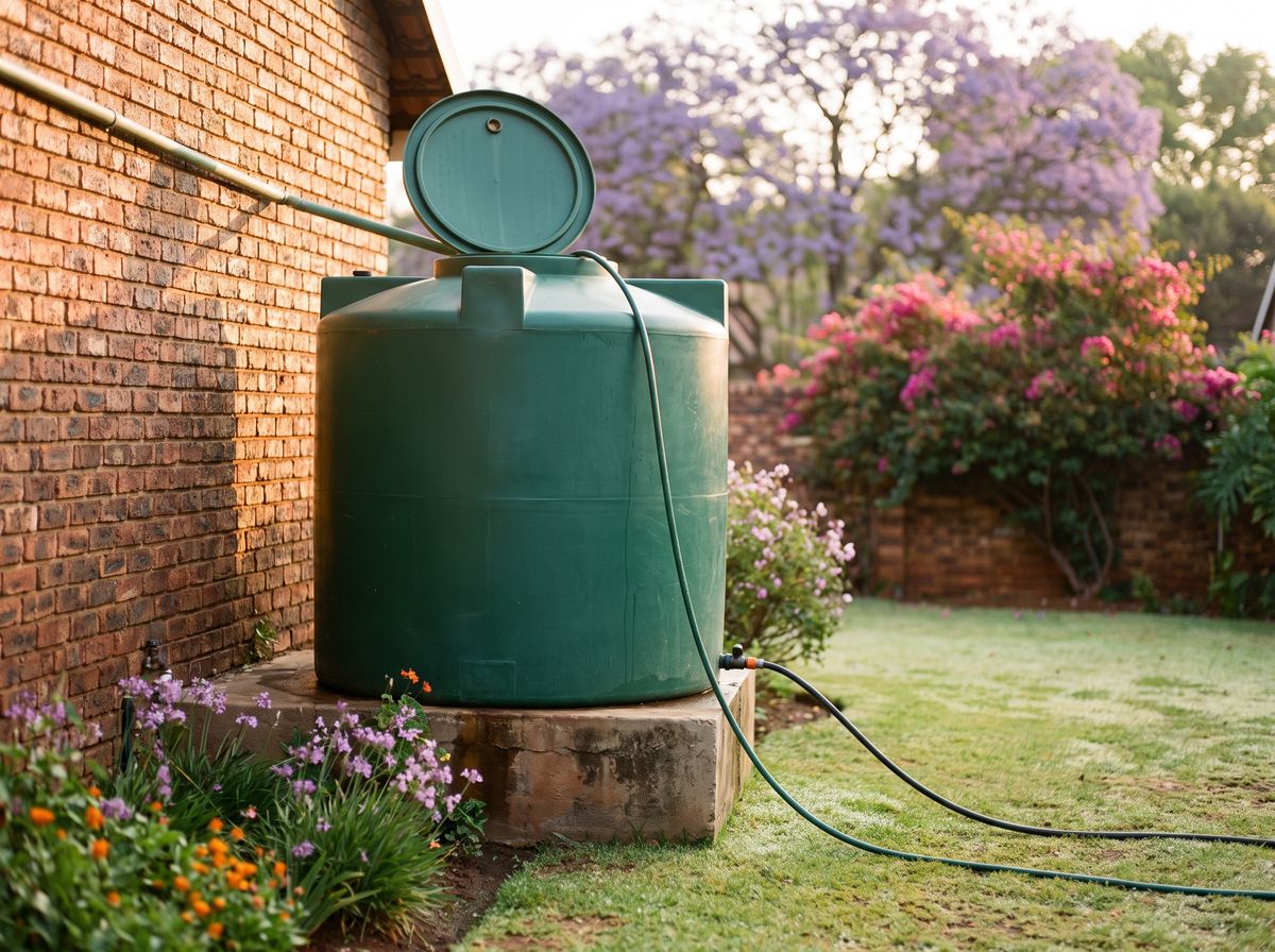 Green water tank beside a face-brick wall in a Randburg garden with the lid open for cleaning