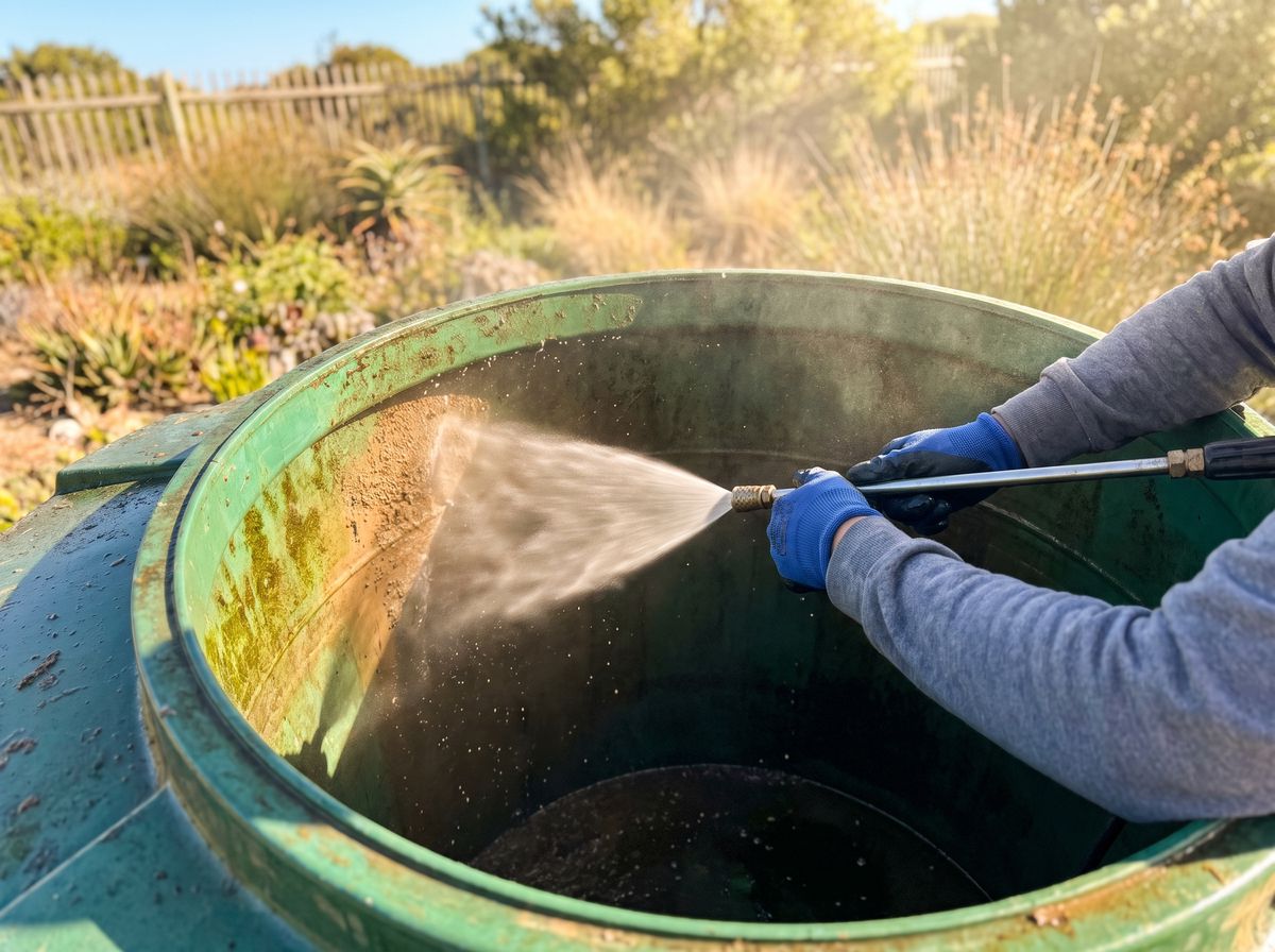 Plumber pressure-rinsing the inside walls of a water tank through the lid opening
