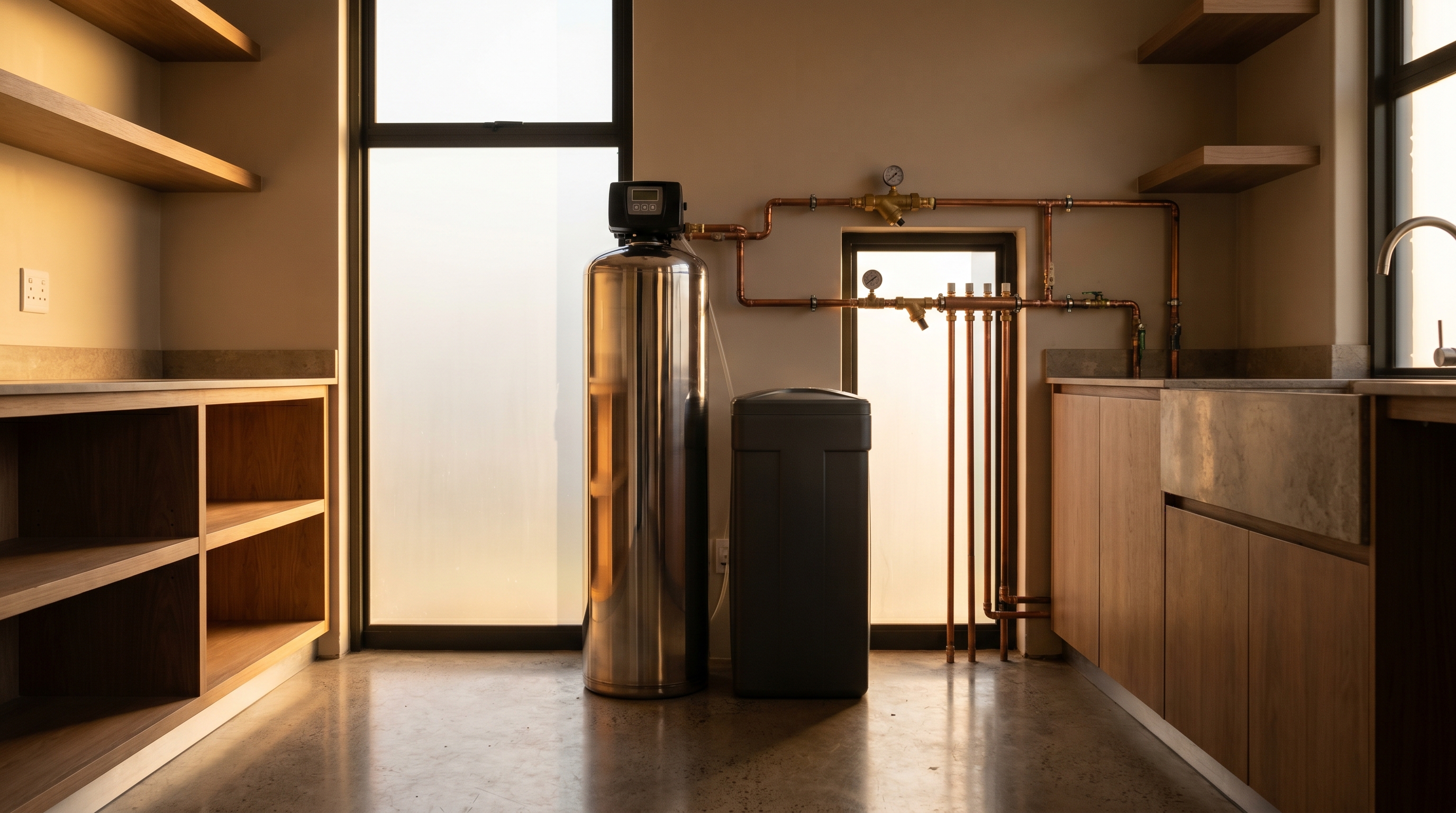 Water softener installed in a Randburg utility room with copper manifold and bypass valve