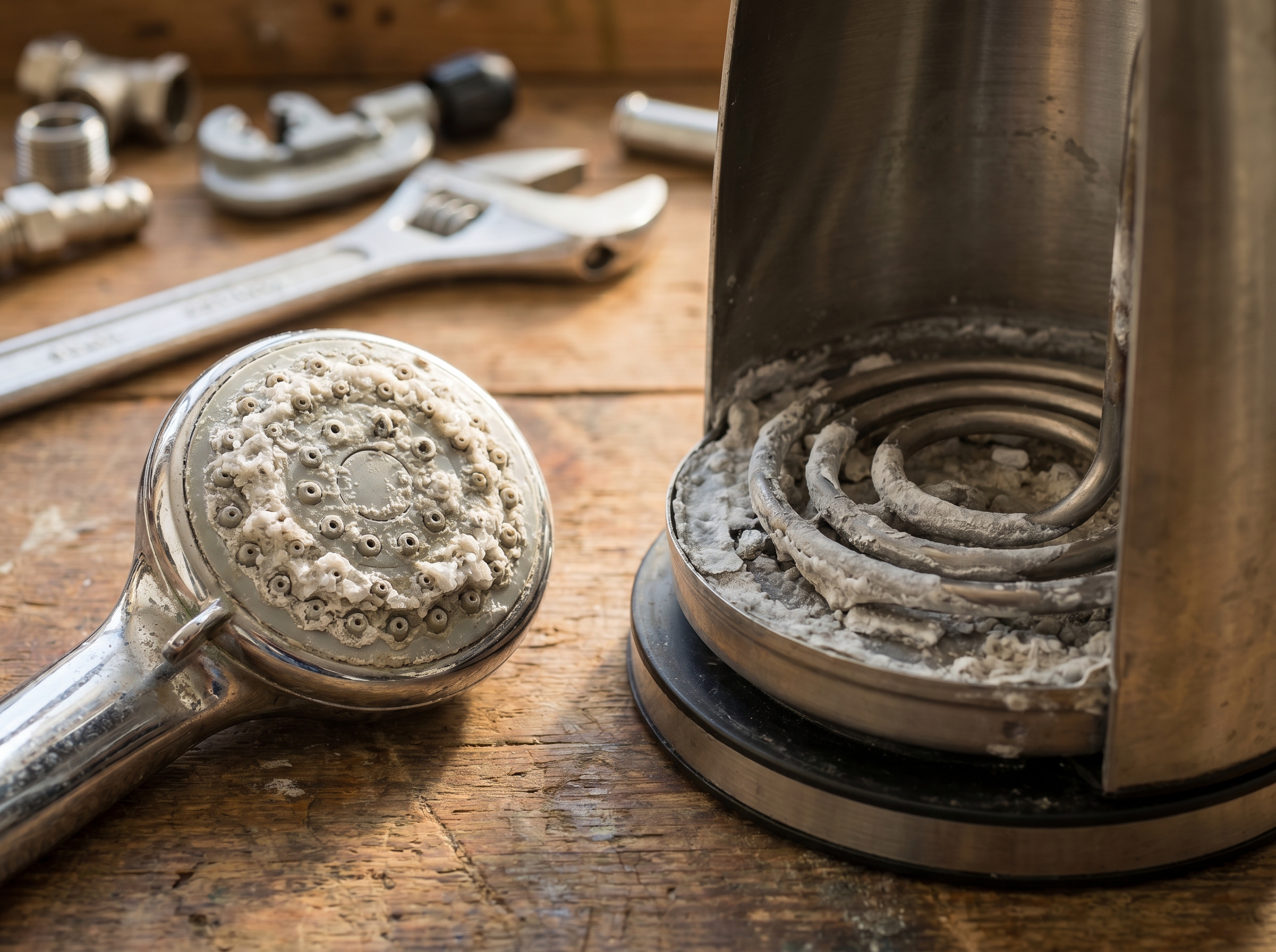 Severe limescale built up on a shower rose and kettle element from hard Johannesburg water