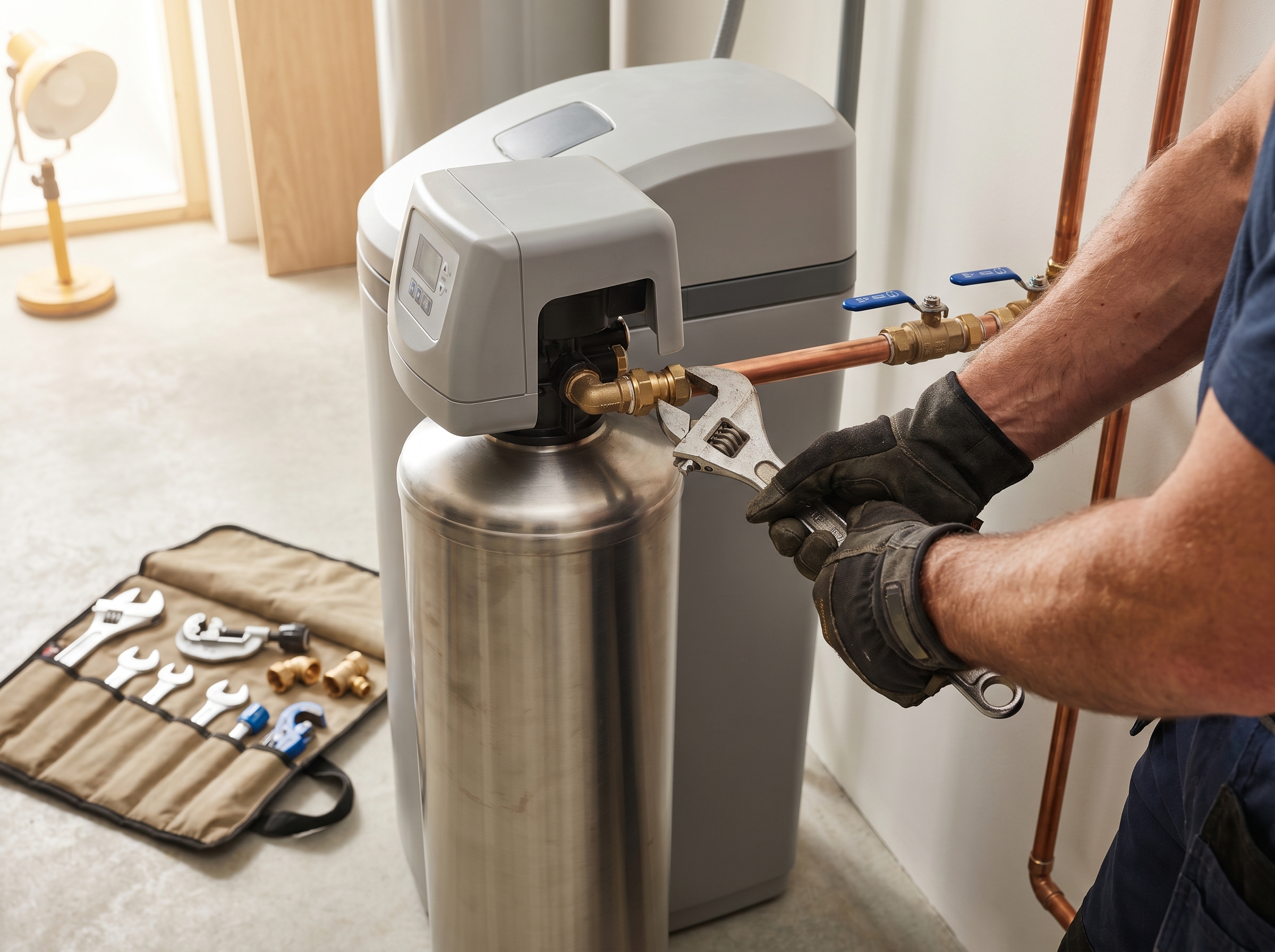 Plumber fitting the inlet bypass on a residential ion-exchange water softener