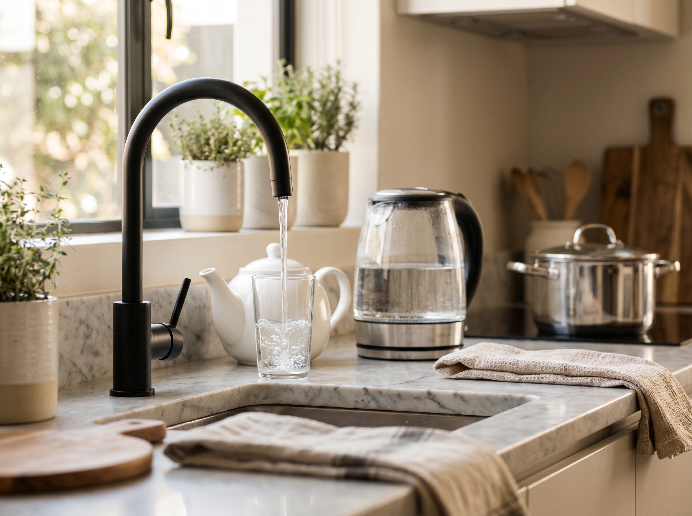 Clean softened water flowing into a glass on a marble kitchen counter in a Fairland home