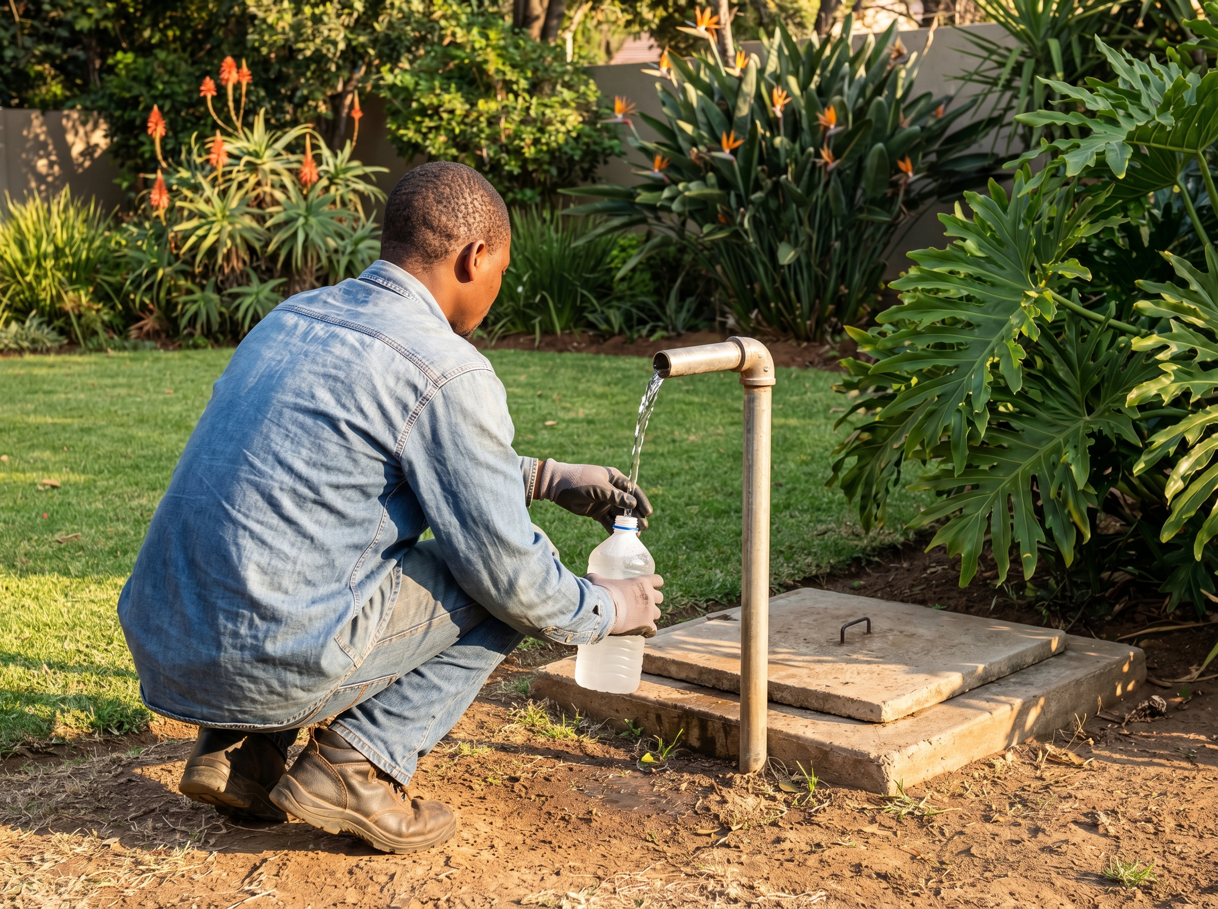 Borehole water sample collection in lush Randburg suburban garden