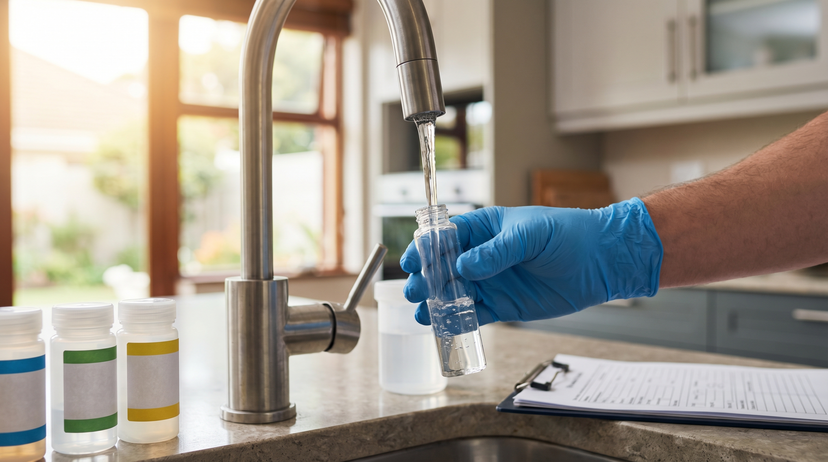 Professional water sample collection from kitchen tap in Randburg home with testing equipment