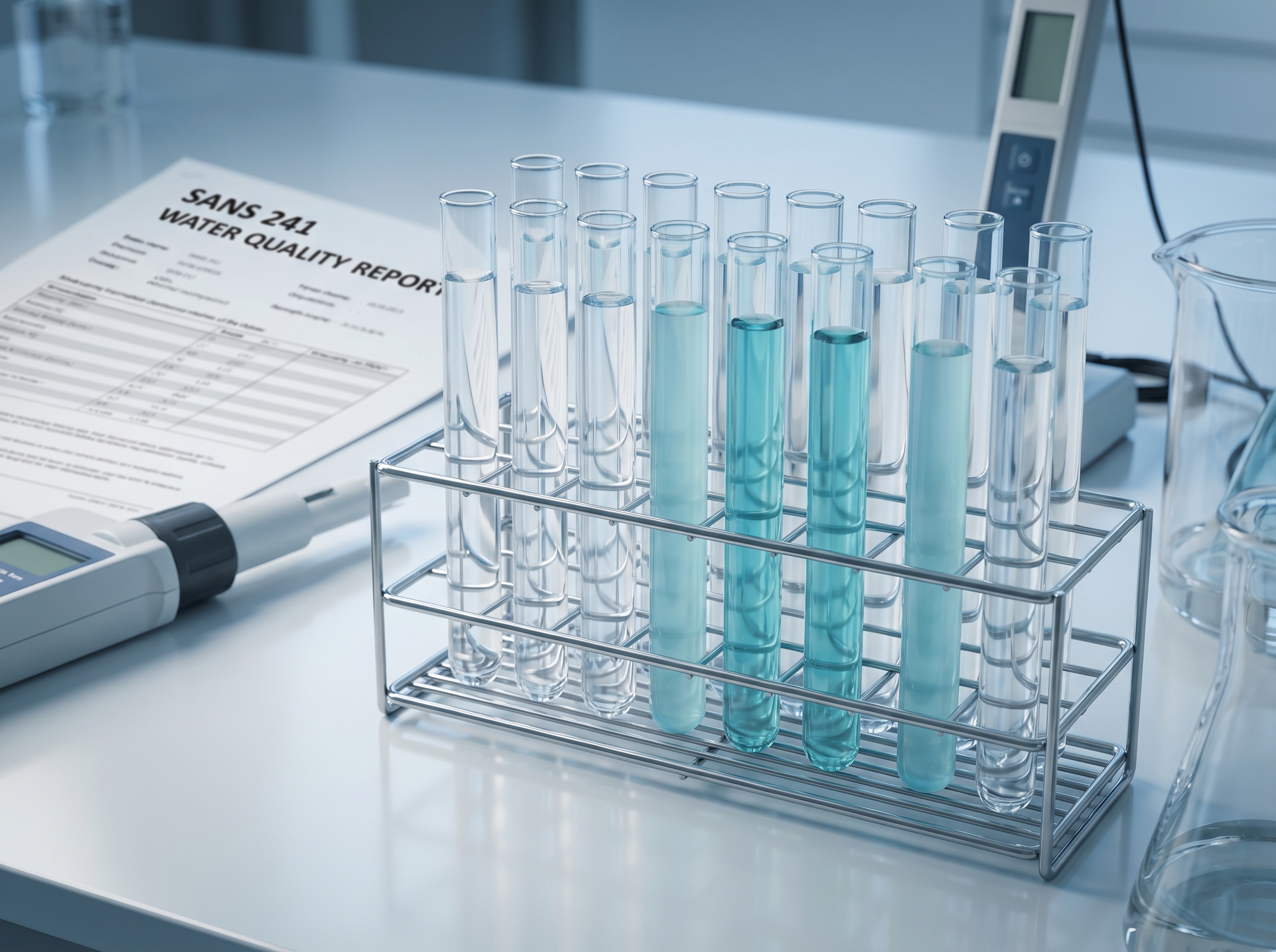 SANS 241 water quality test tubes in laboratory rack showing different water sample clarity levels