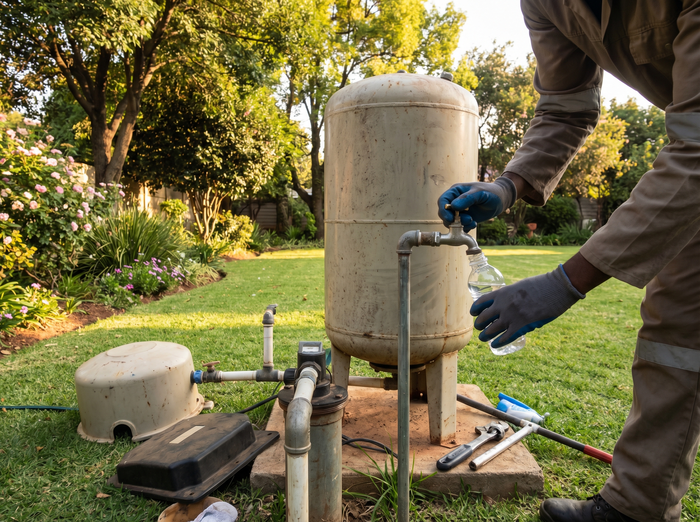 Borehole pressure tank water sample collection in Randburg suburban garden