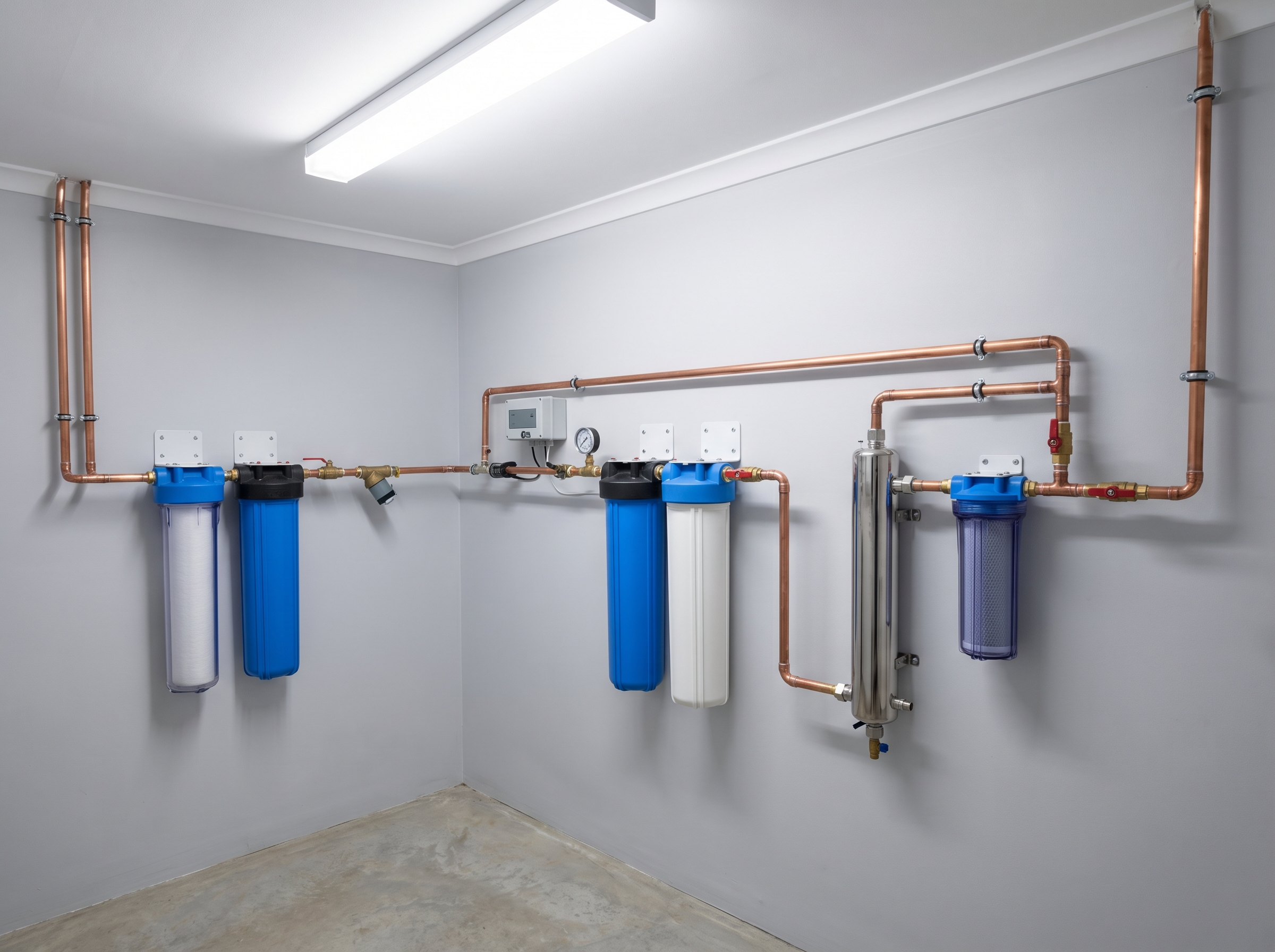 Complete multi-stage borehole water filtration system installed in Randburg home