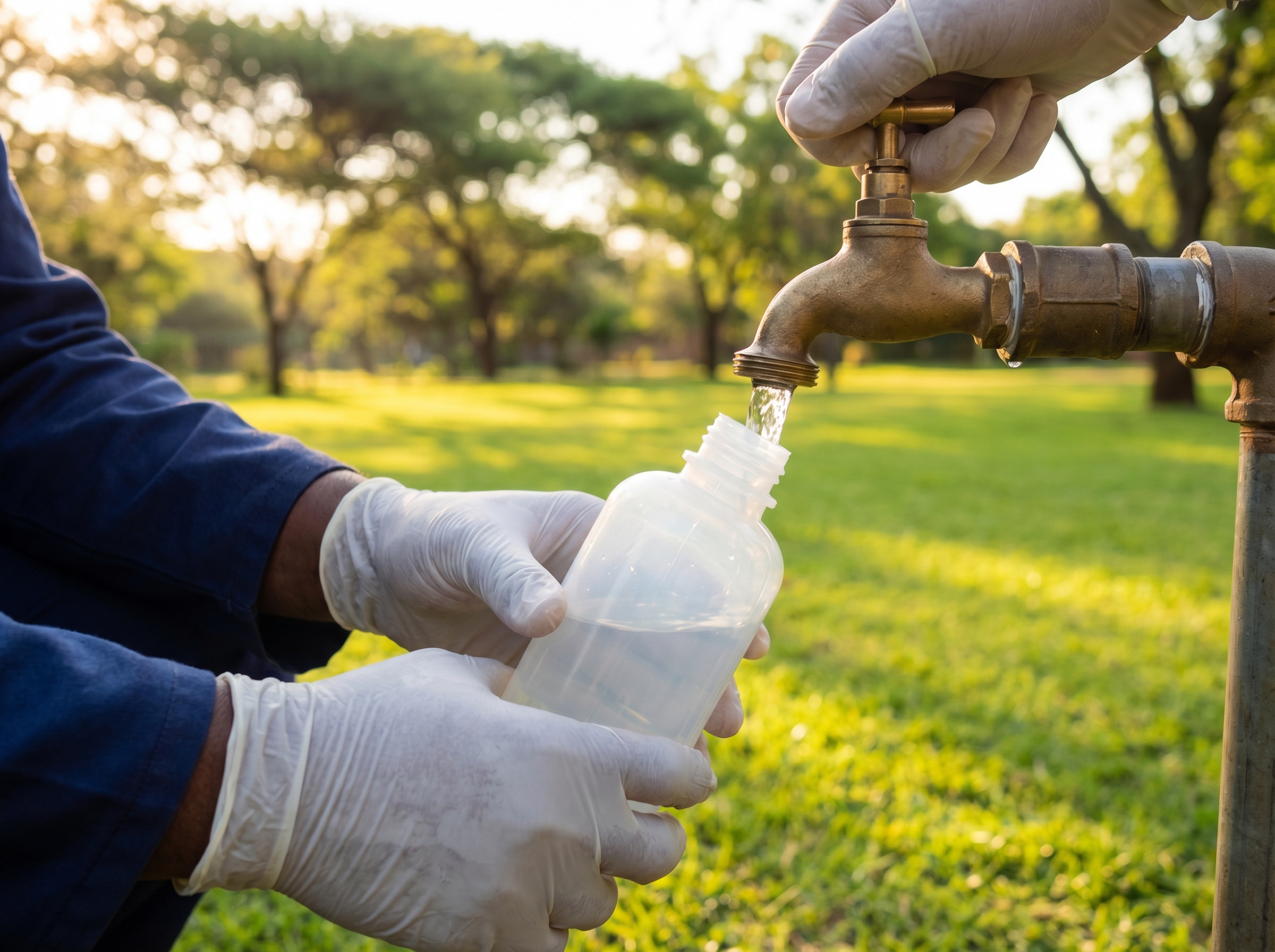 Professional borehole water sample collection into sterile bottle in Randburg garden