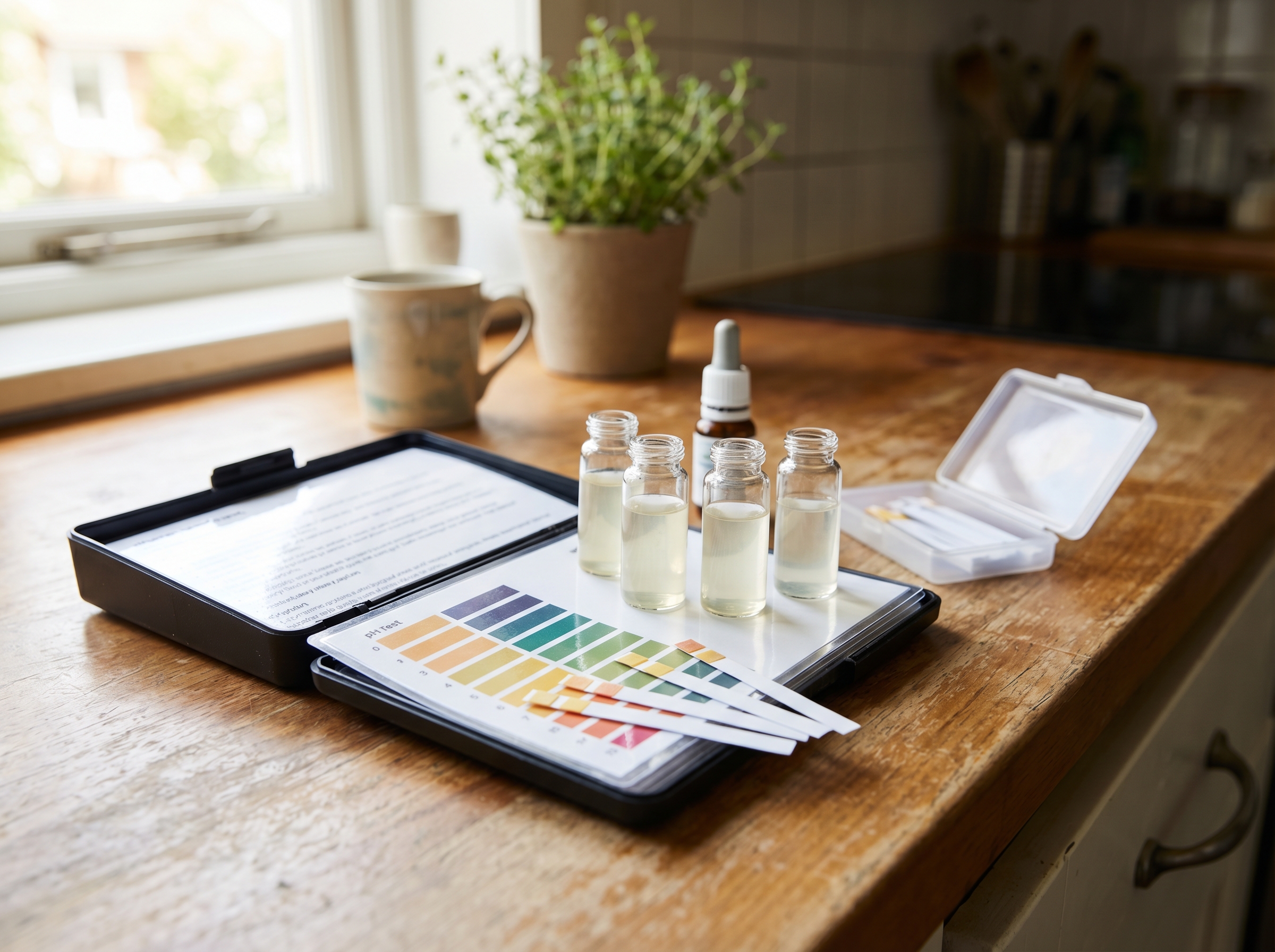 On-site water testing kit with pH strips and sample vials on kitchen counter