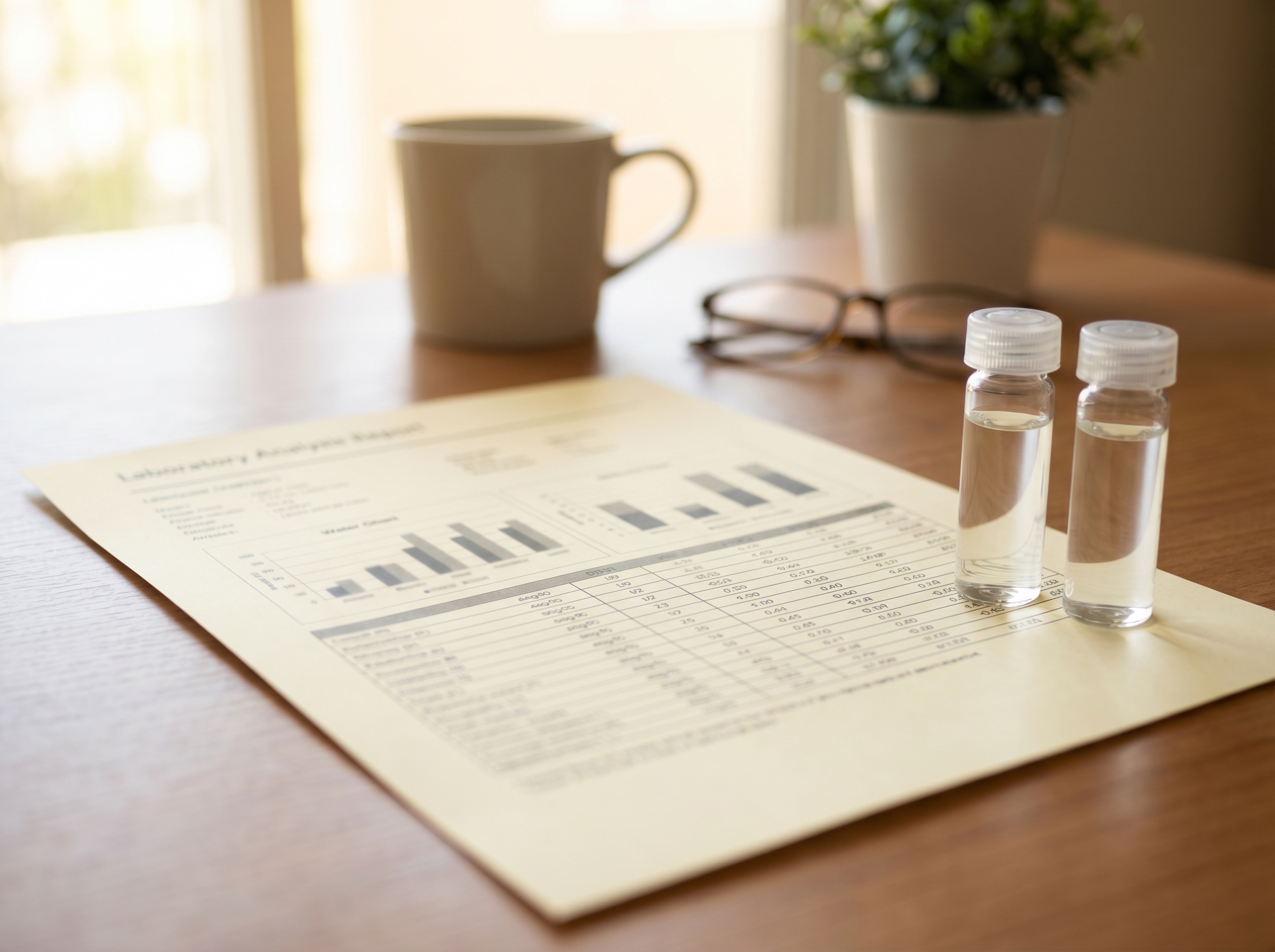 Borehole water testing laboratory results report with sample vials on desk