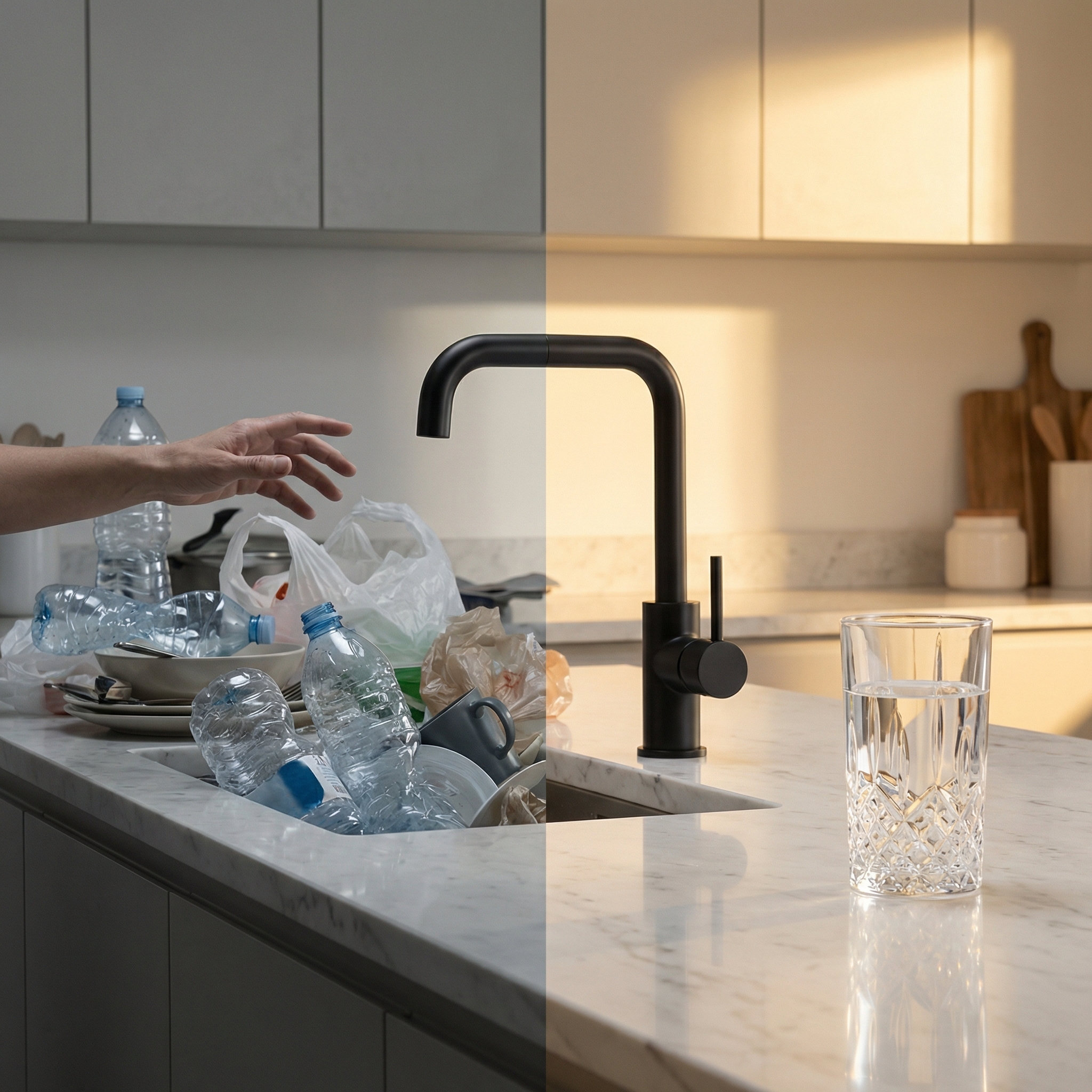 Before and after comparison — cloudy tap water versus crystal-clear AquaShield filtered water