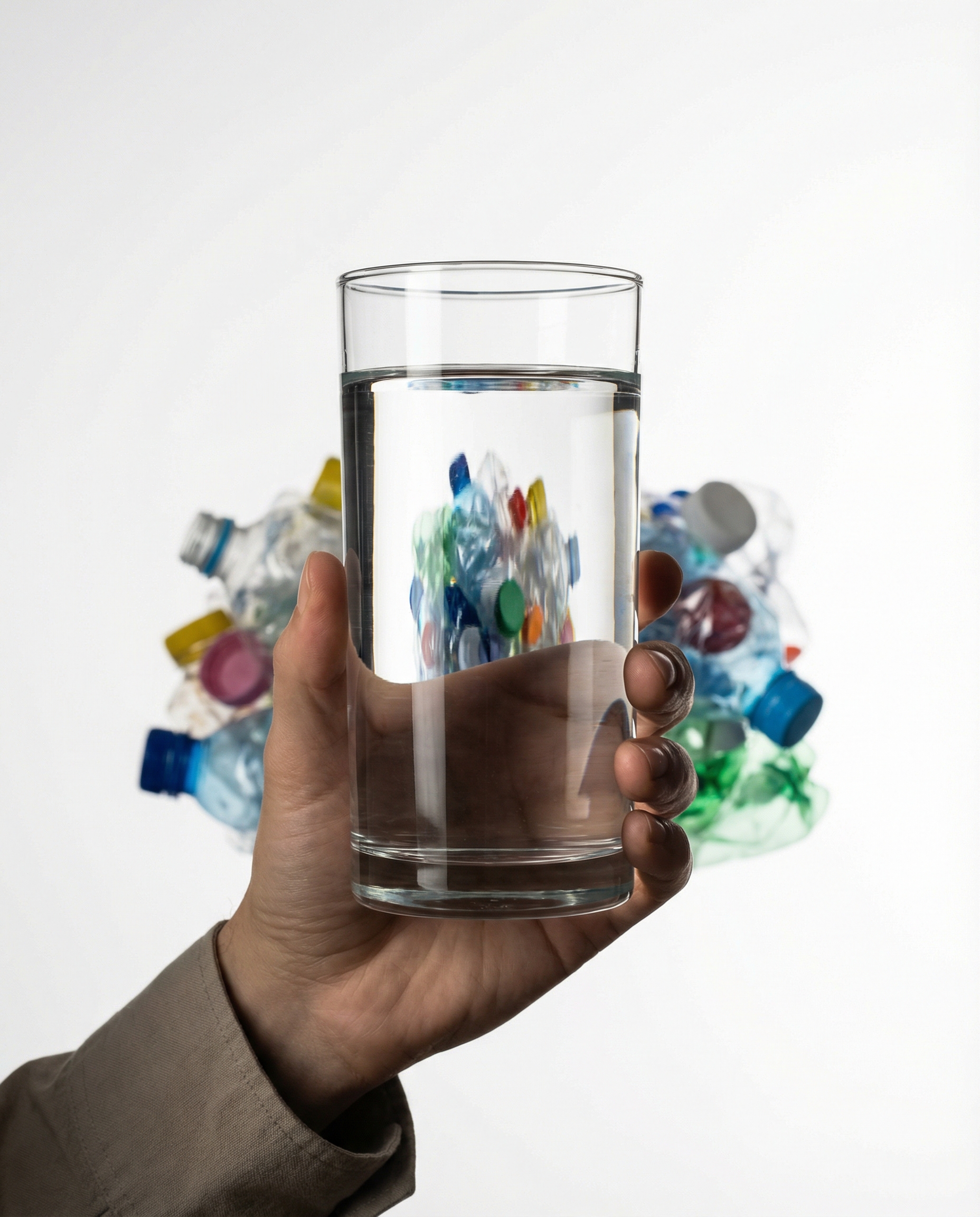 Glass of pure filtered water next to pile of discarded plastic water bottles — the environmental contrast