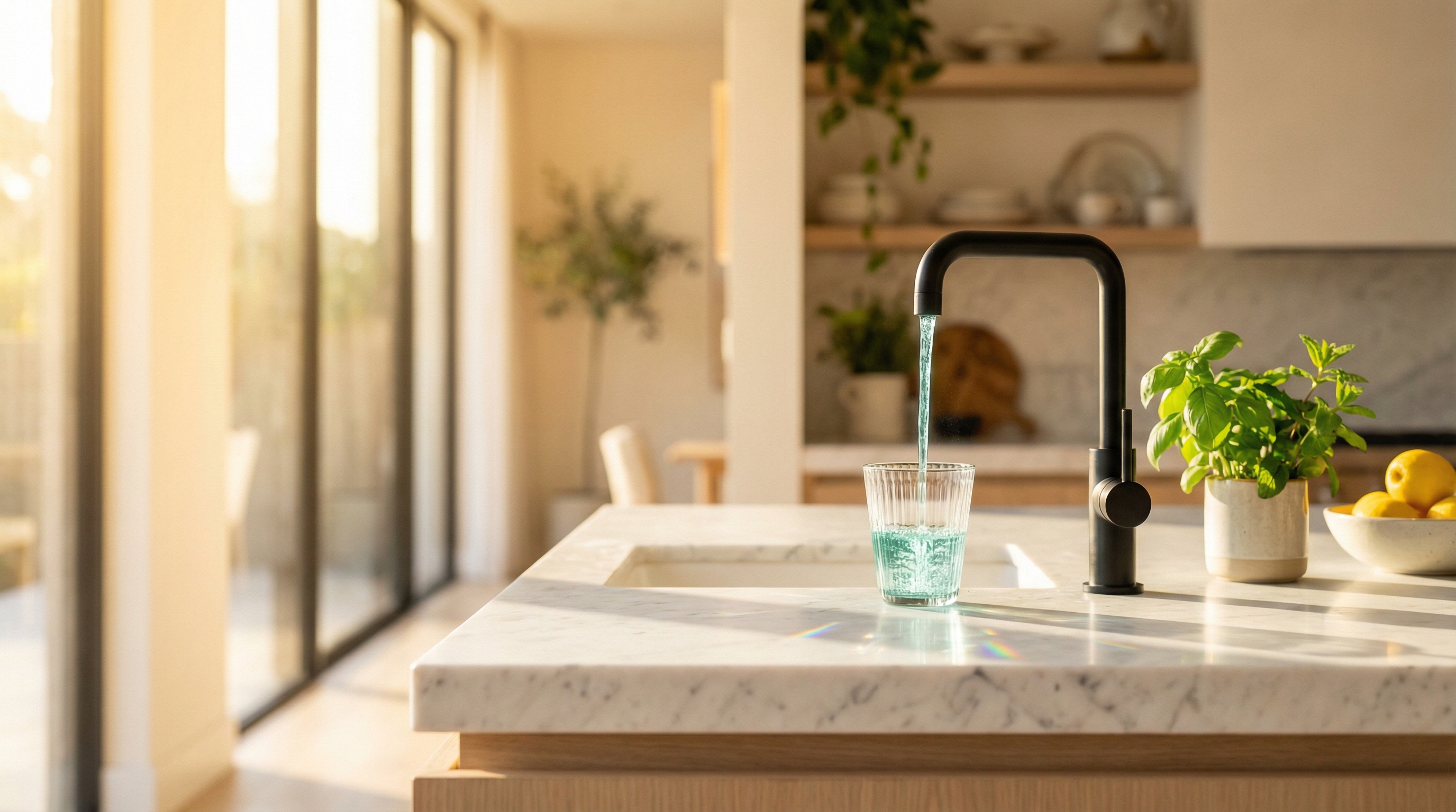 Bright modern Johannesburg kitchen with AquaShield purified water flowing from tap