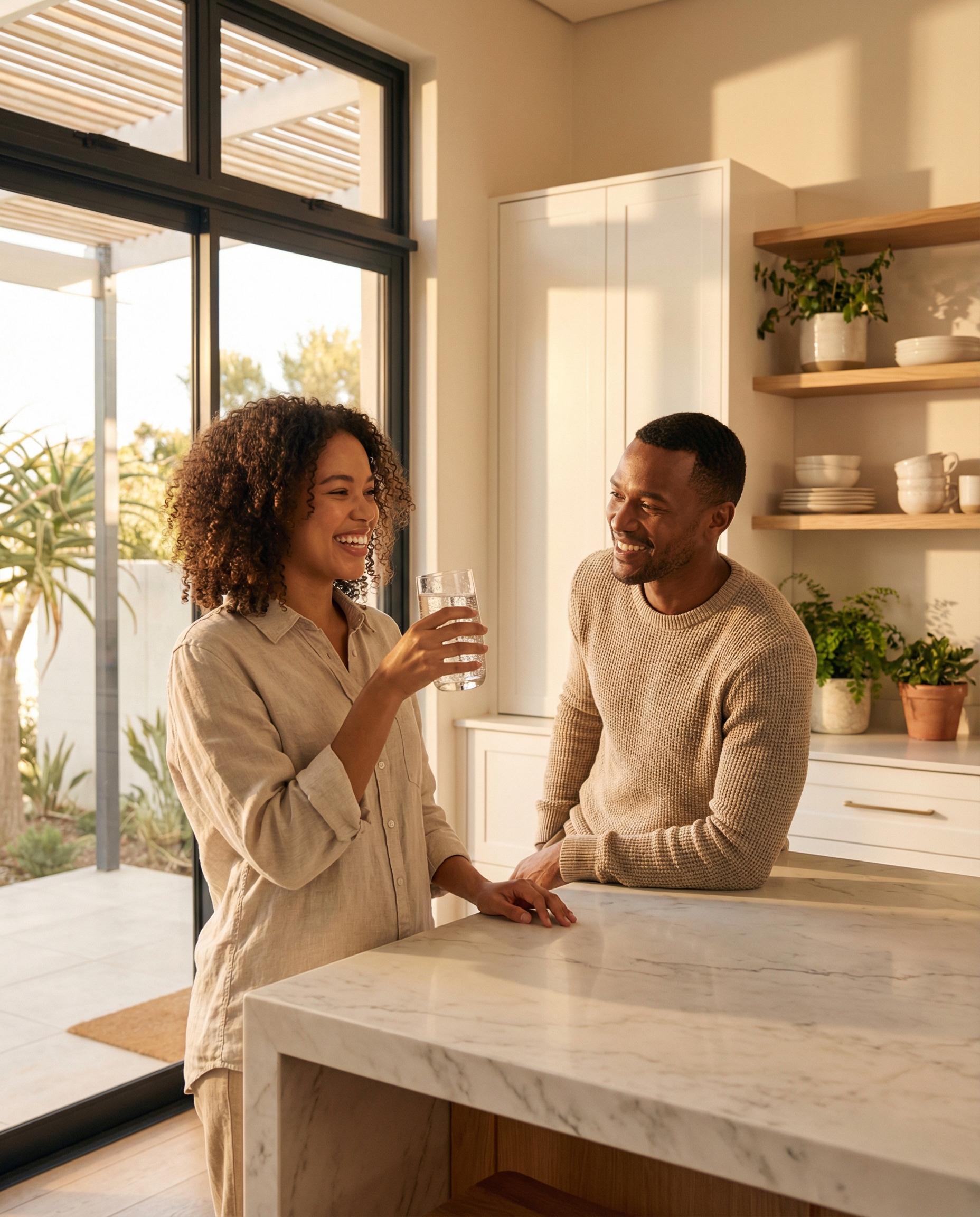 Couple in bright Johannesburg kitchen enjoying crystal-clear AquaShield filtered water straight from the tap