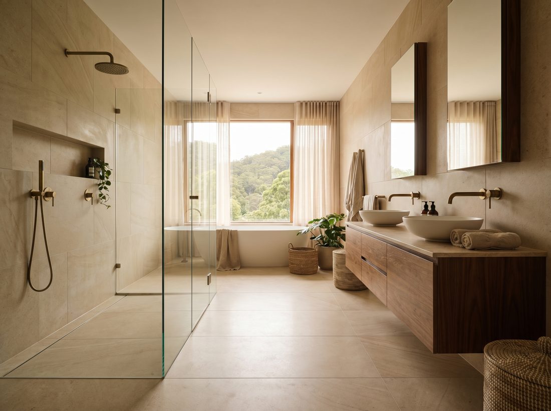 Renovated bathroom by Andy Plumbers in a large Blackheath family home, with new tiling, modern fittings and re-piped supply lines