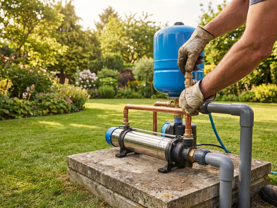 Andy Plumbers technician fitting a borehole pressure pump beside a large Craighall Park garden