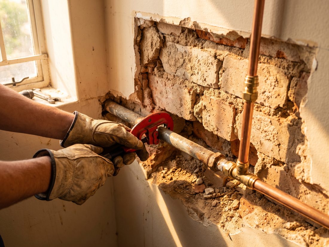 Andy Plumbers replacing corroded galvanised steel pipe with new copper in an older Craighall Park home