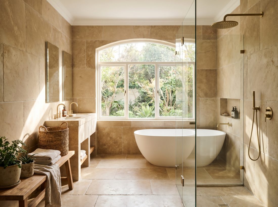 Beautifully renovated bathroom by Andy Plumbers in a gracious older Emmarentia family home, with crisp tiling and quality fittings