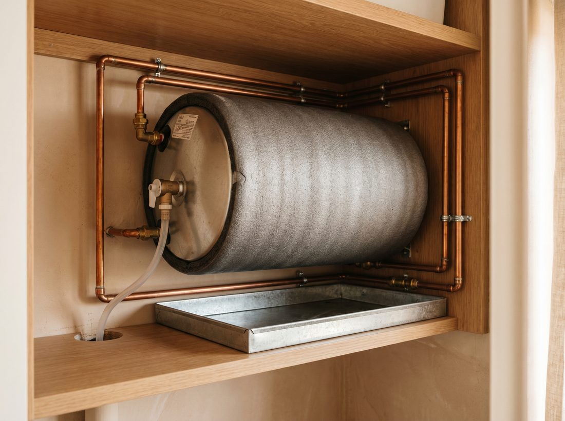Neat electric geyser installation in a Ferndale Randburg townhouse service cupboard, with copper pipework, drip tray and pressure relief valve