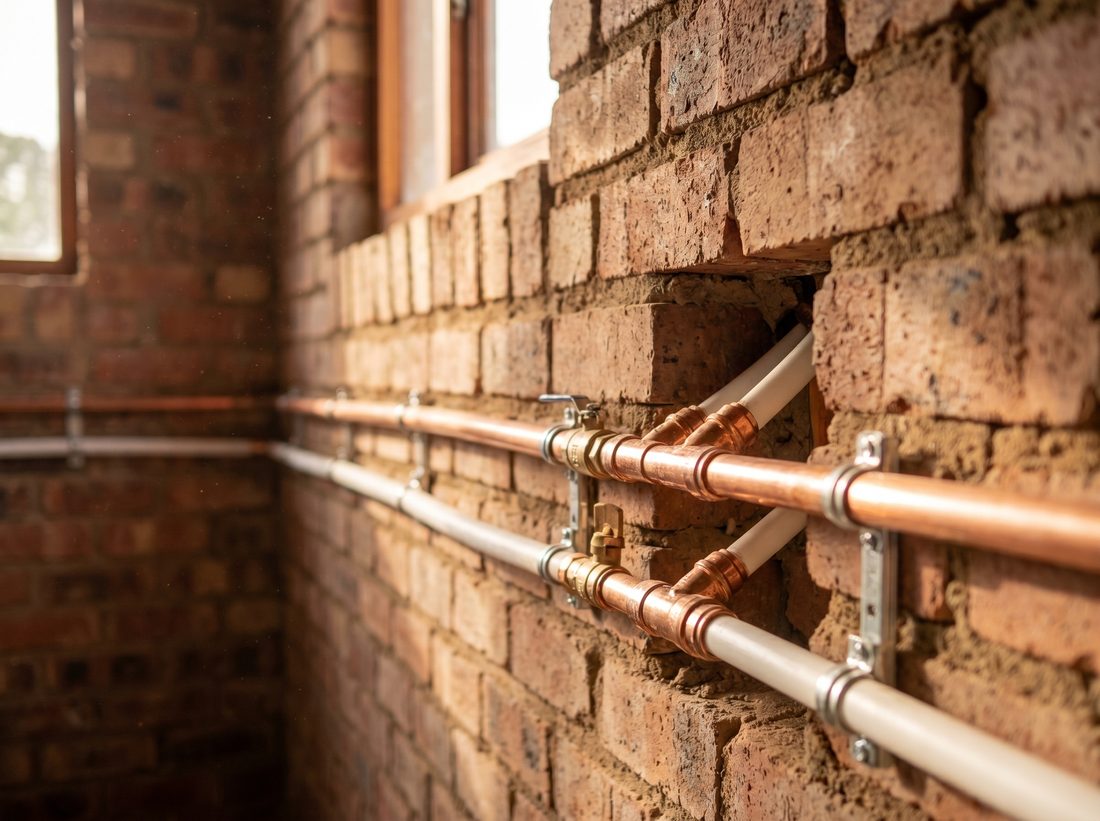 Andy Plumbers fitting clean new copper and PEX water piping during a re-pipe in a Ferndale Randburg home