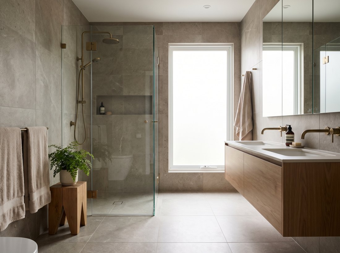 Chic contemporary bathroom renovated by Andy Plumbers in a stylish Greenside home, with stone tiles and designer brass fittings