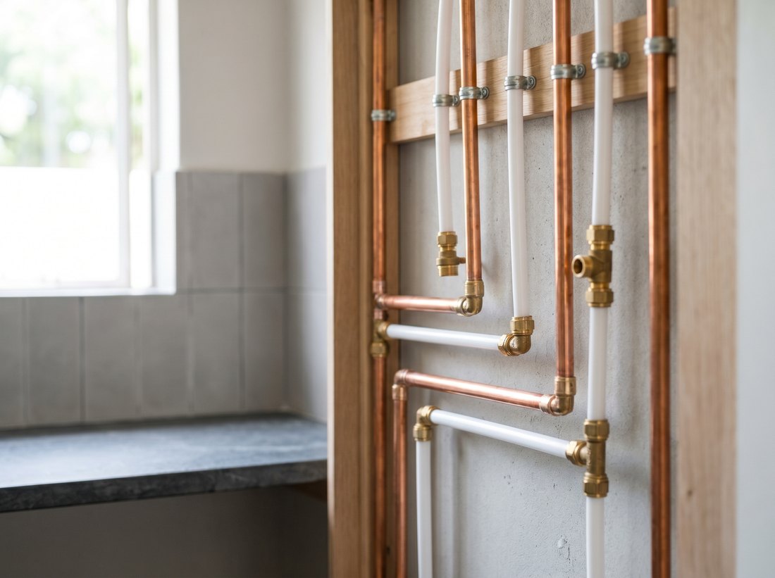 Andy Plumbers fitting clean new copper and PEX water piping in a stylishly renovated Greenside home