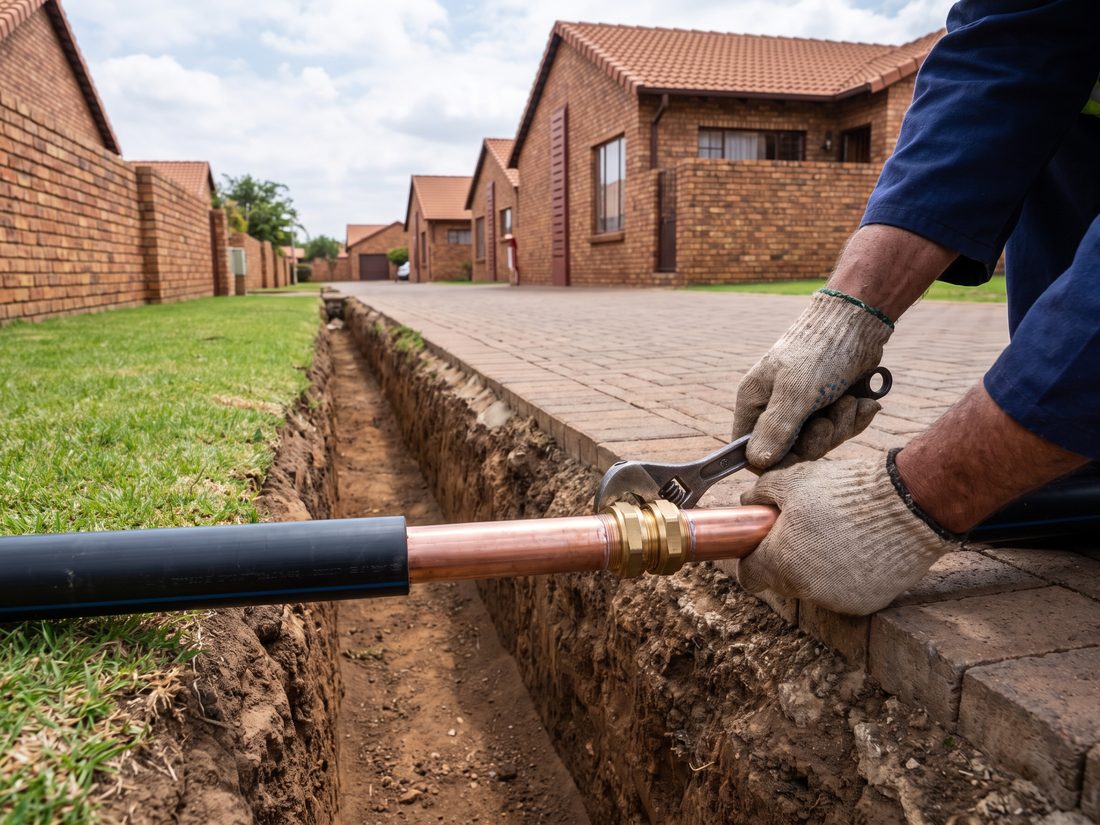 Andy Plumbers technician repairing communal water supply pipework at a townhouse complex in Hurlingham Manor, Sandton