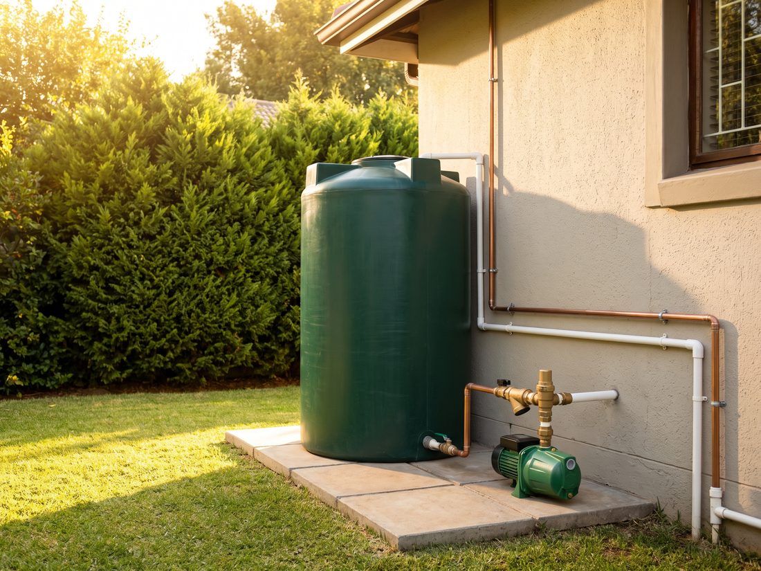 Andy Plumbers water backup installation at a large Hurlingham home: JoJo tank with booster pump and automatic switchover valve beside the house