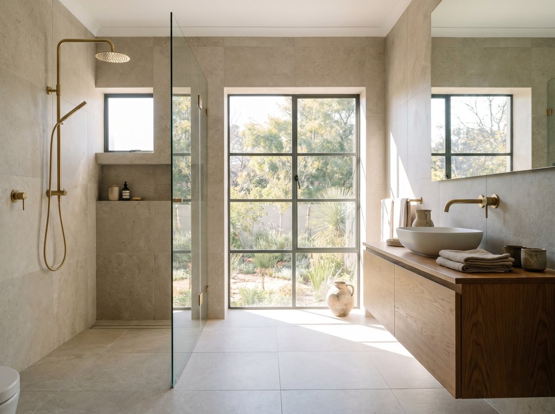 Freshly renovated modern family bathroom by Andy Plumbers in an older Linden home, with brushed-brass fittings and a garden view