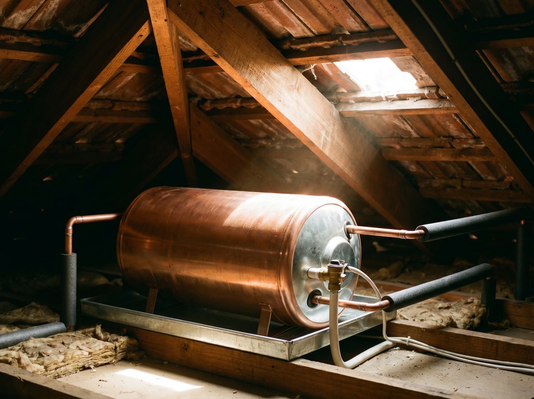 Neat hot water cylinder installation in a Linden home roof space with new copper pipework, drip tray and pressure relief valve