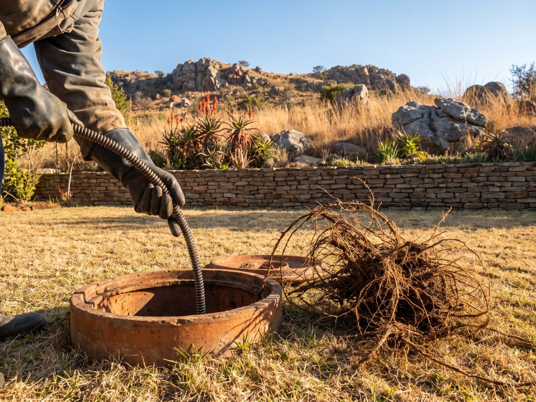 Andy Plumbers clearing a blocked clay drain at a Melville home, with the Melville Koppies rising behind the garden