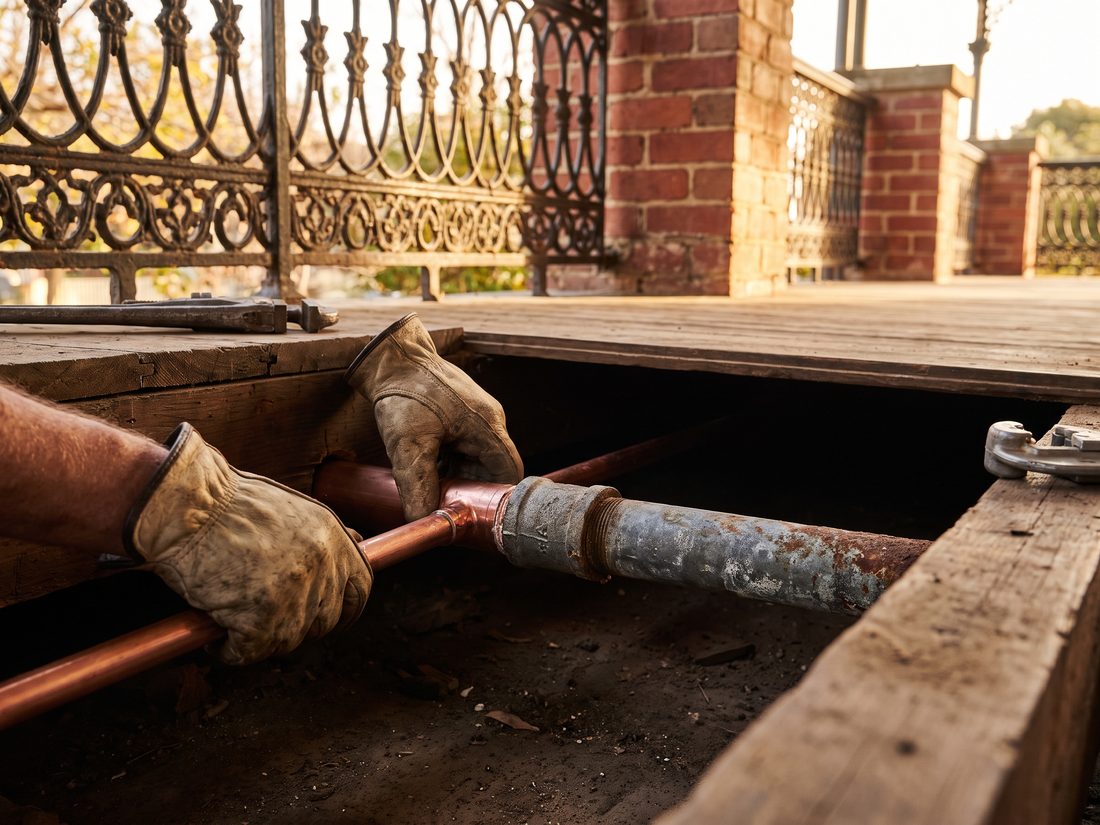 Andy Plumbers replacing an old galvanised water pipe with new copper under the veranda of a 1920s Melville house