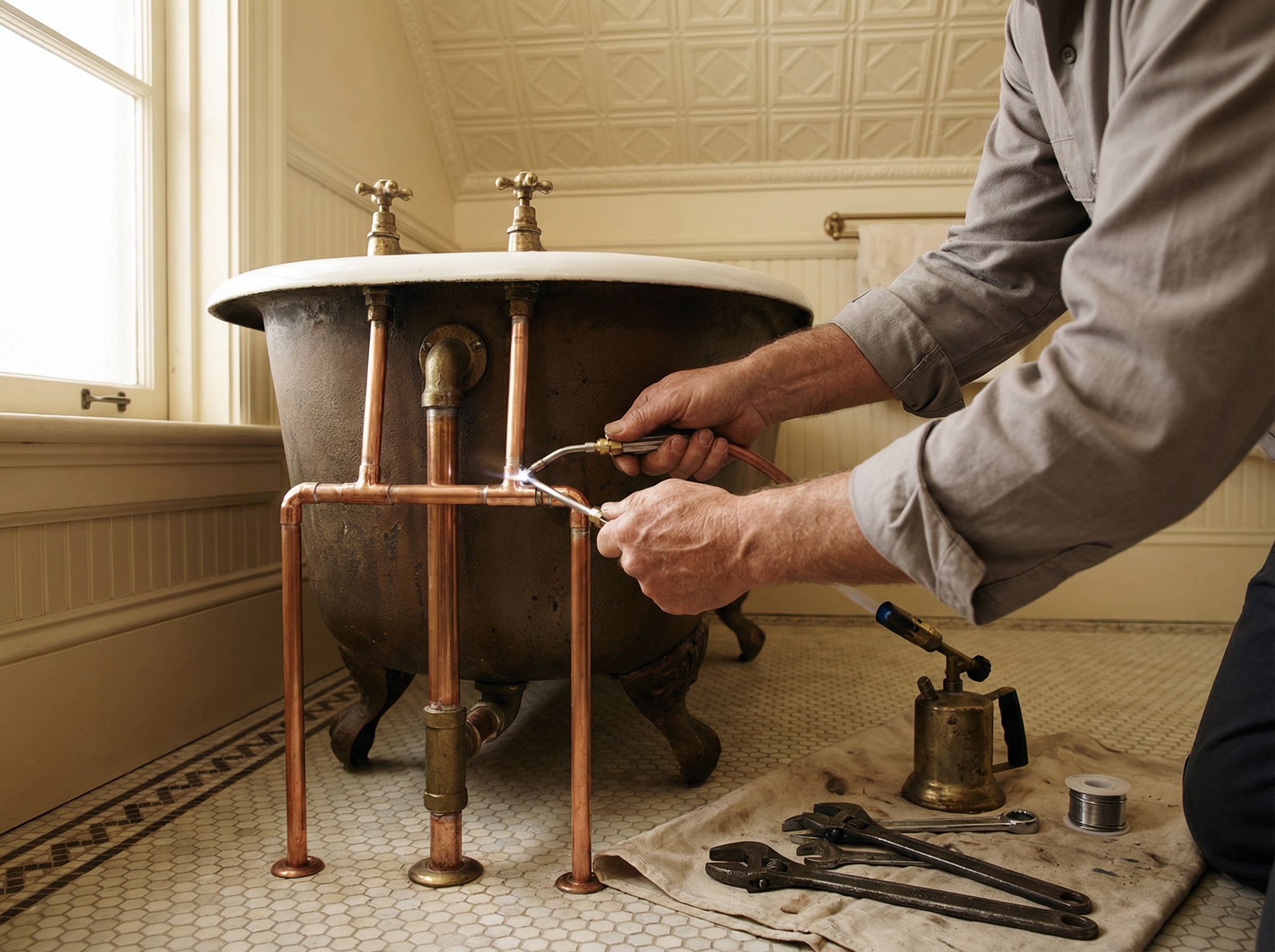 Andy Plumbers technician re-piping a vintage cast-iron clawfoot bath in a restored Parkhurst heritage cottage