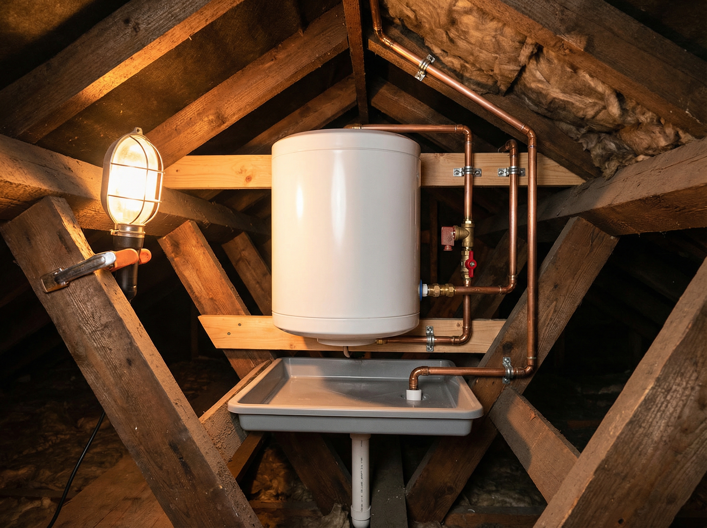 Neat electric geyser installation in a Parkhurst cottage roof space with new copper pipework, drip tray and pressure relief valve