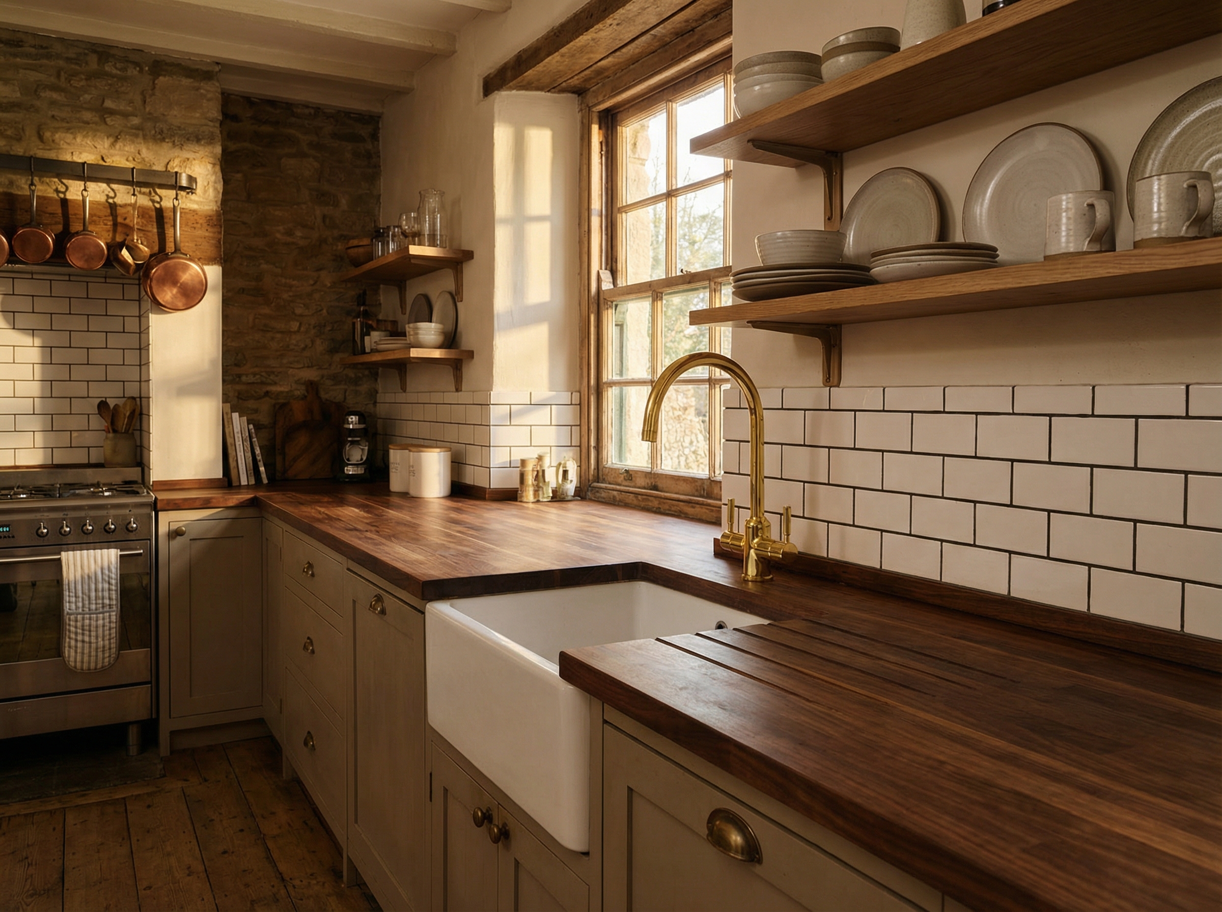 Brand-new brass kitchen tap installed by Andy Plumbers in a renovated Parkhurst heritage cottage kitchen