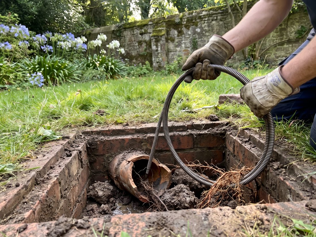 Andy Plumbers clearing tree roots from an old clay drain in a leafy Parktown North garden