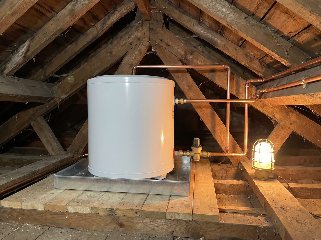 Neat electric geyser replacement by Andy Plumbers in the original roof space of a Parktown North house, with drip tray, overflow and pressure control valve