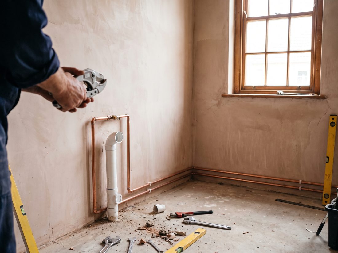 Andy Plumbers roughing in new kitchen supply and waste pipework during the renovation of an old Parktown North house