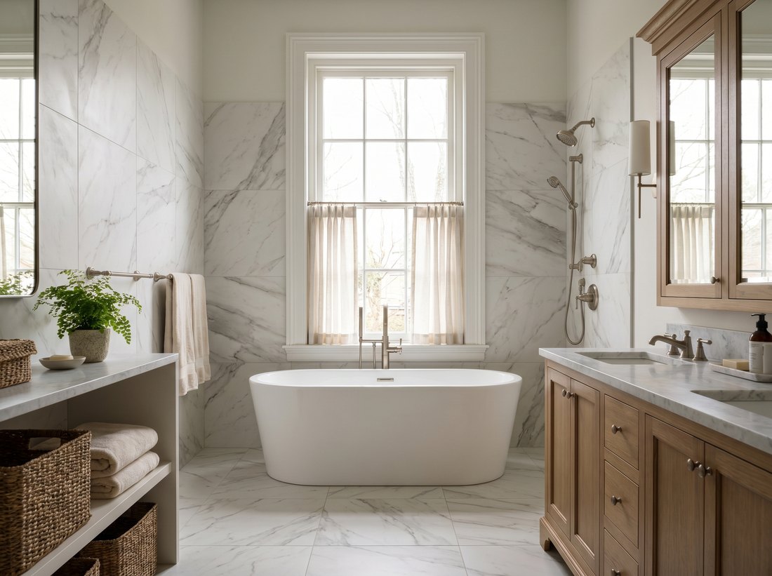 Elegant renovated bathroom by Andy Plumbers in a gracious Parkview heritage home, with a freestanding bath and classic finishes