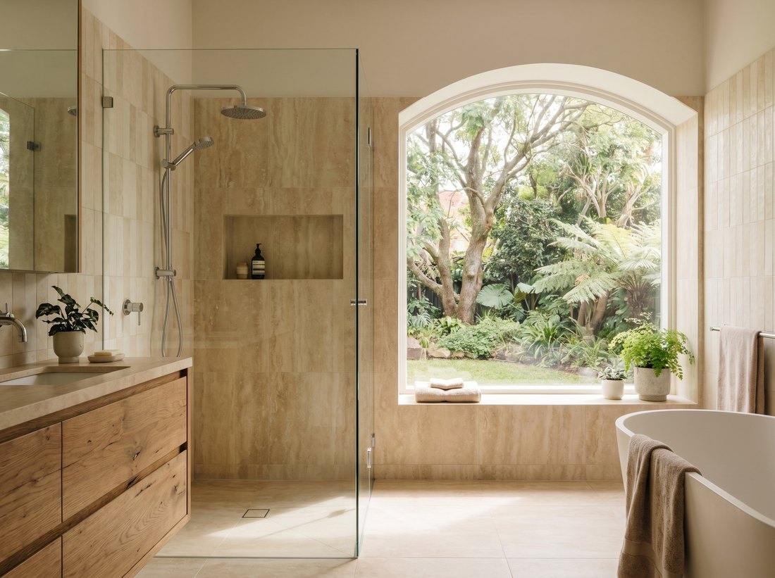 Freshly renovated bathroom by Andy Plumbers in an established Quellerina home, with a walk-in shower and a leafy garden view