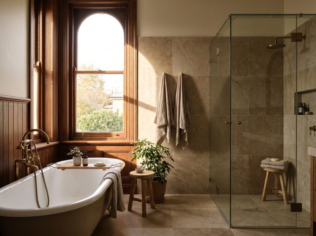 Sympathetically renovated bathroom in a large character home in Victory Park, with classic tiling and quality fittings over properly waterproofed walls and floor
