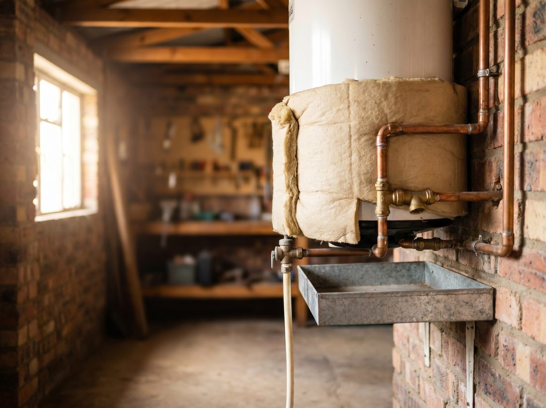 Neat electric geyser replacement in a character home in Victory Park, with copper pipework, drip tray and pressure relief valve correctly fitted