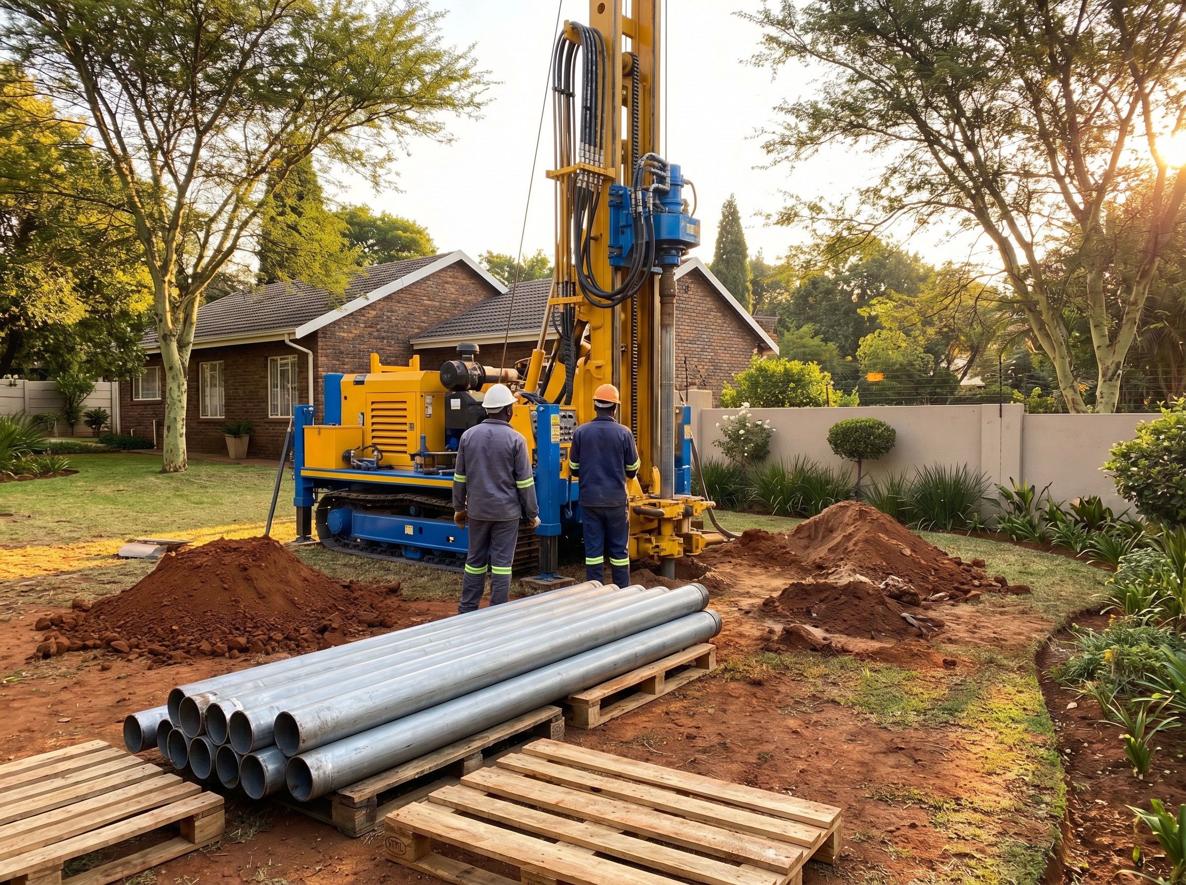 Borehole drilling rig operating in Randburg residential backyard with red Highveld soil