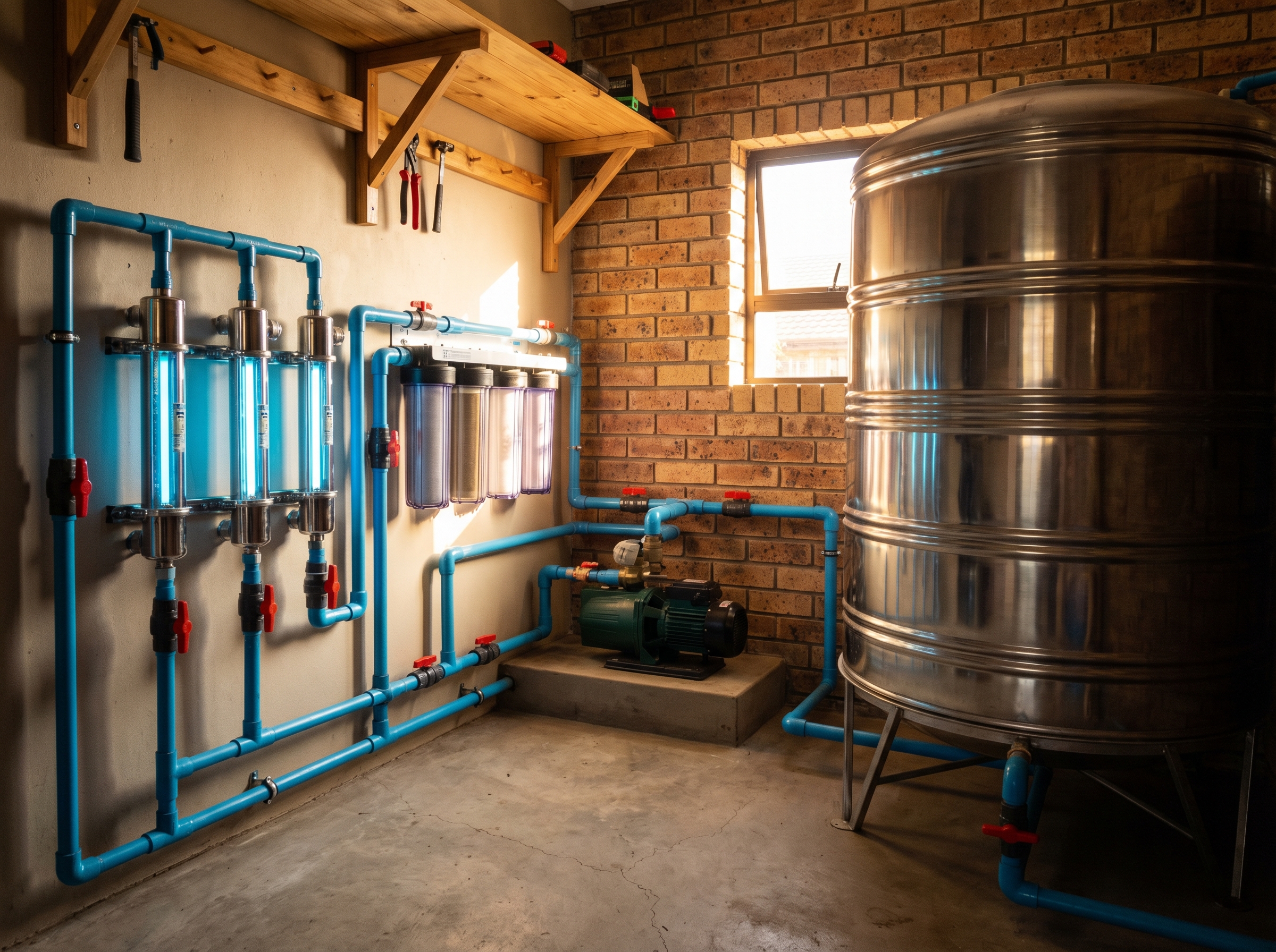 Borehole water filtration system design with tanks and UV filters