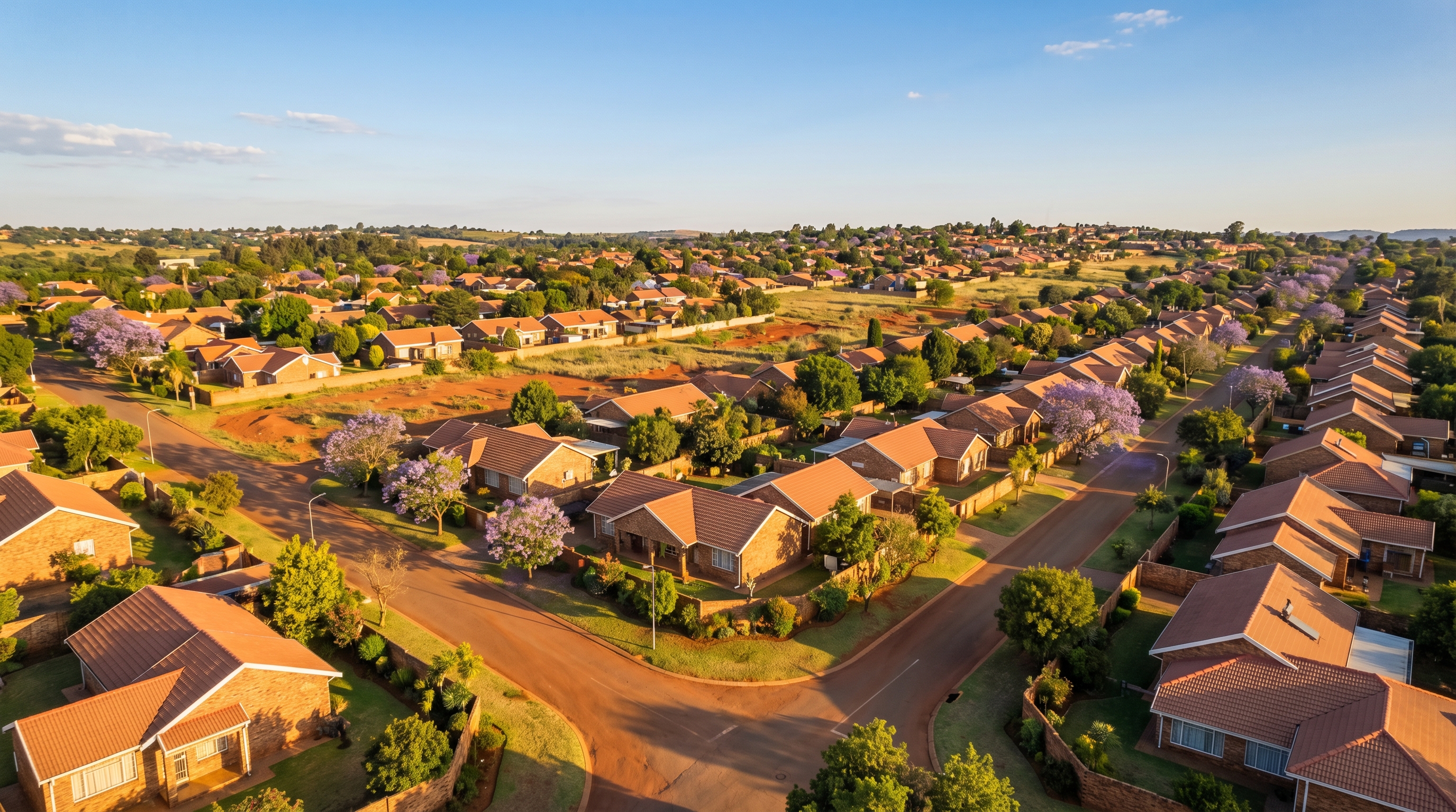 Aerial view of Randburg residential suburb at golden hour showing homes and gardens
