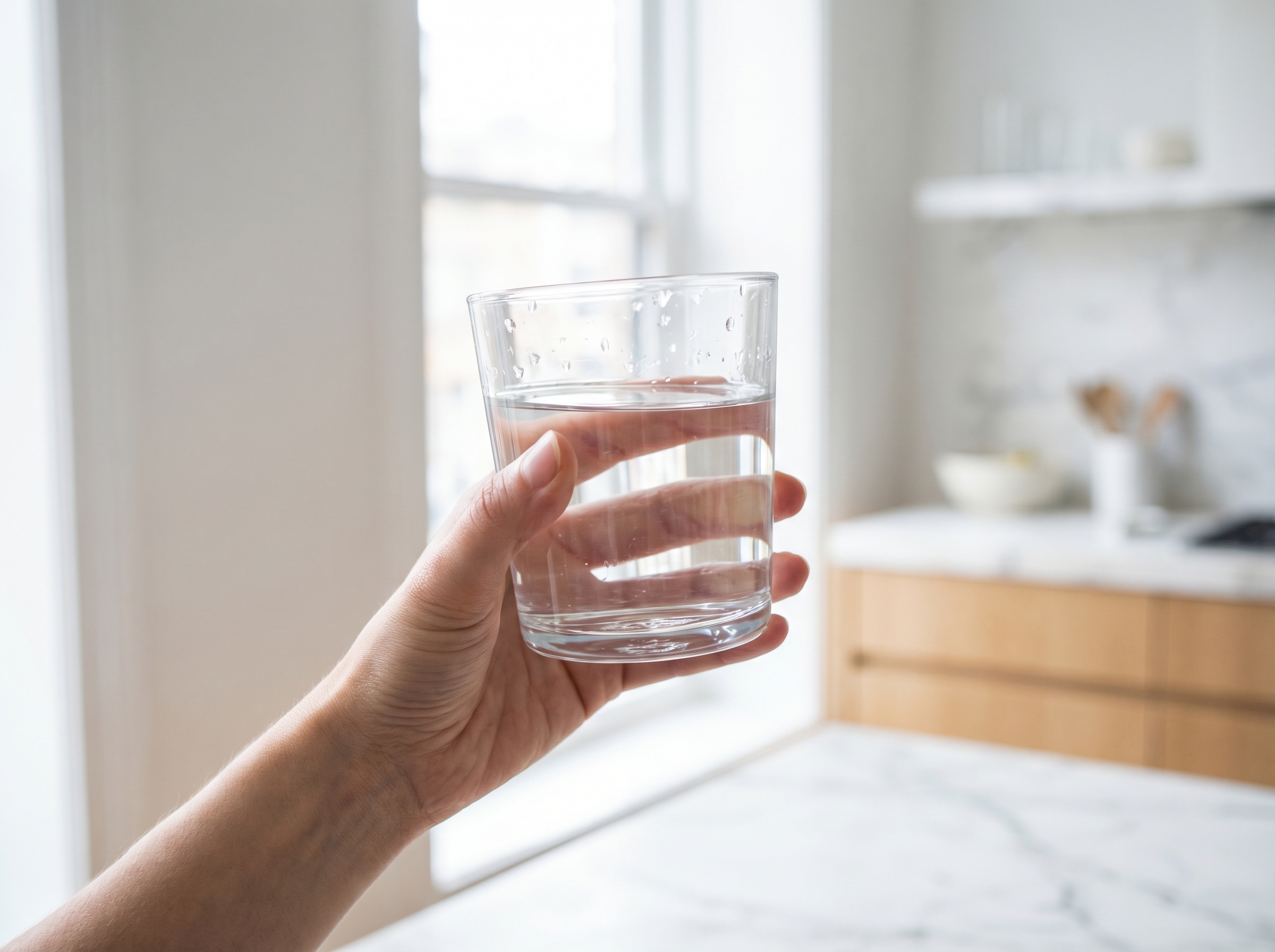 Crystal clear glass of pure borehole drinking water held up to natural light in kitchen