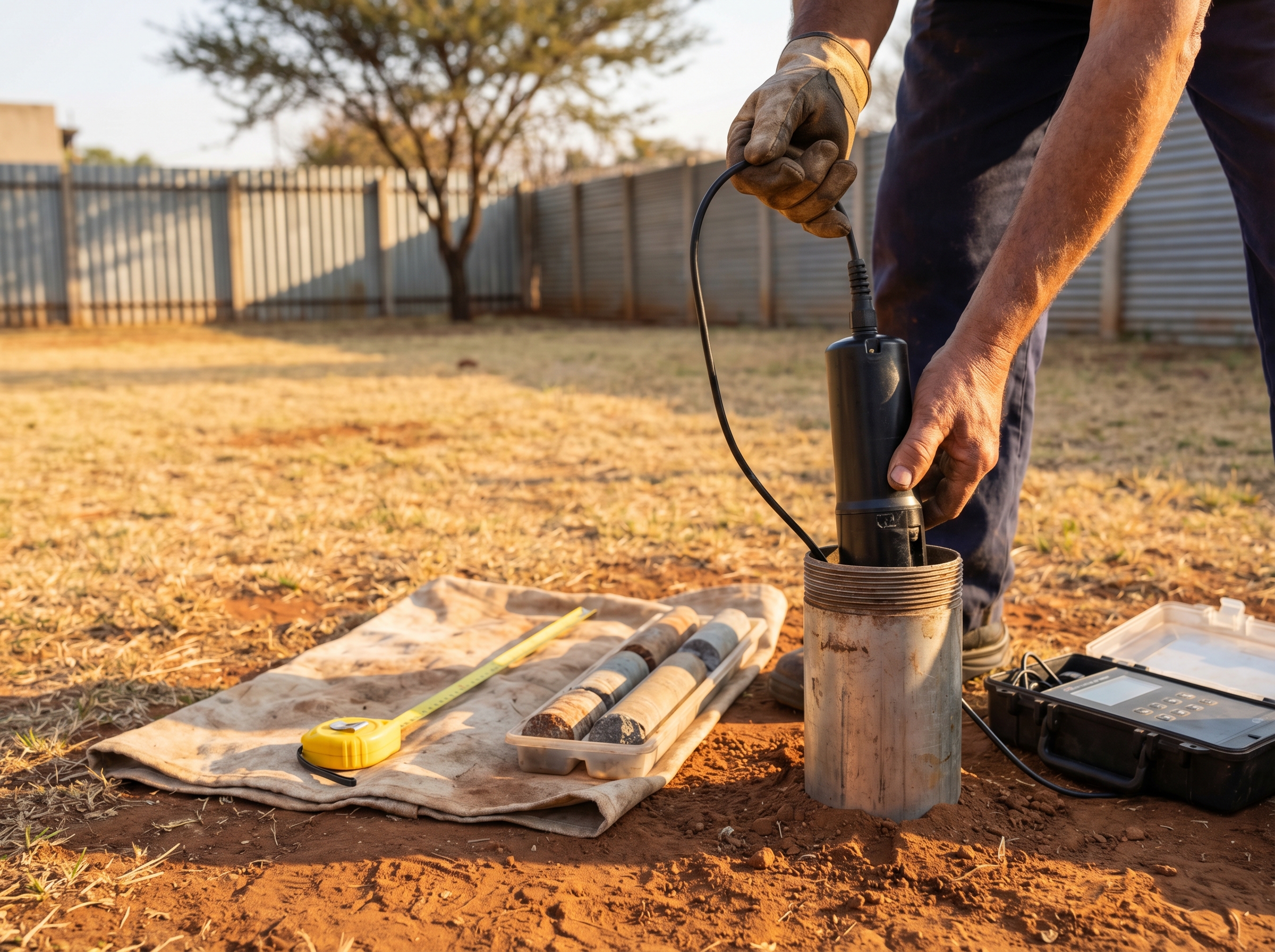 Technician measuring borehole depth and water head level with electronic dipper in Randburg