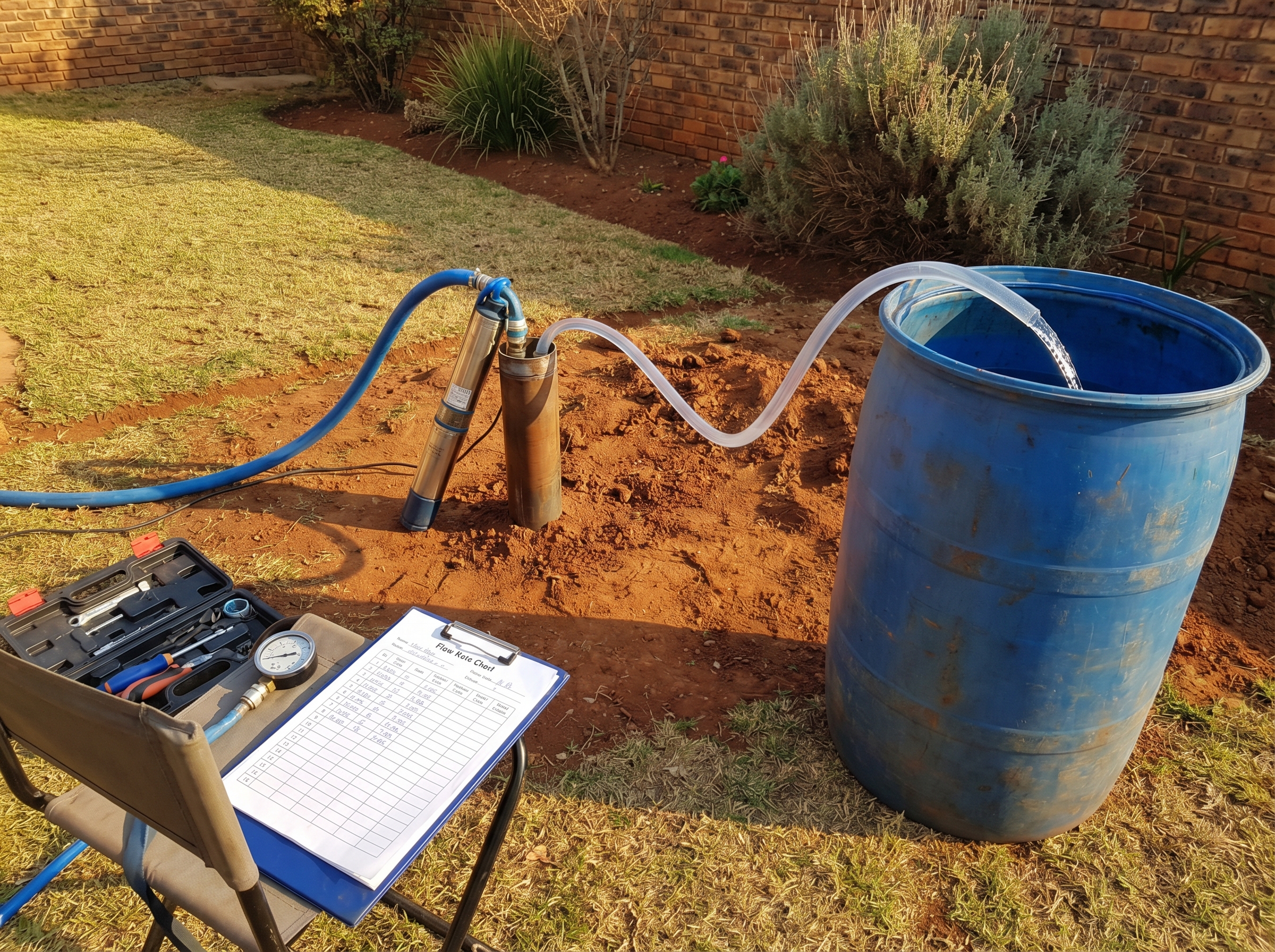 Borehole yield test in progress with pump and measuring equipment in Randburg backyard