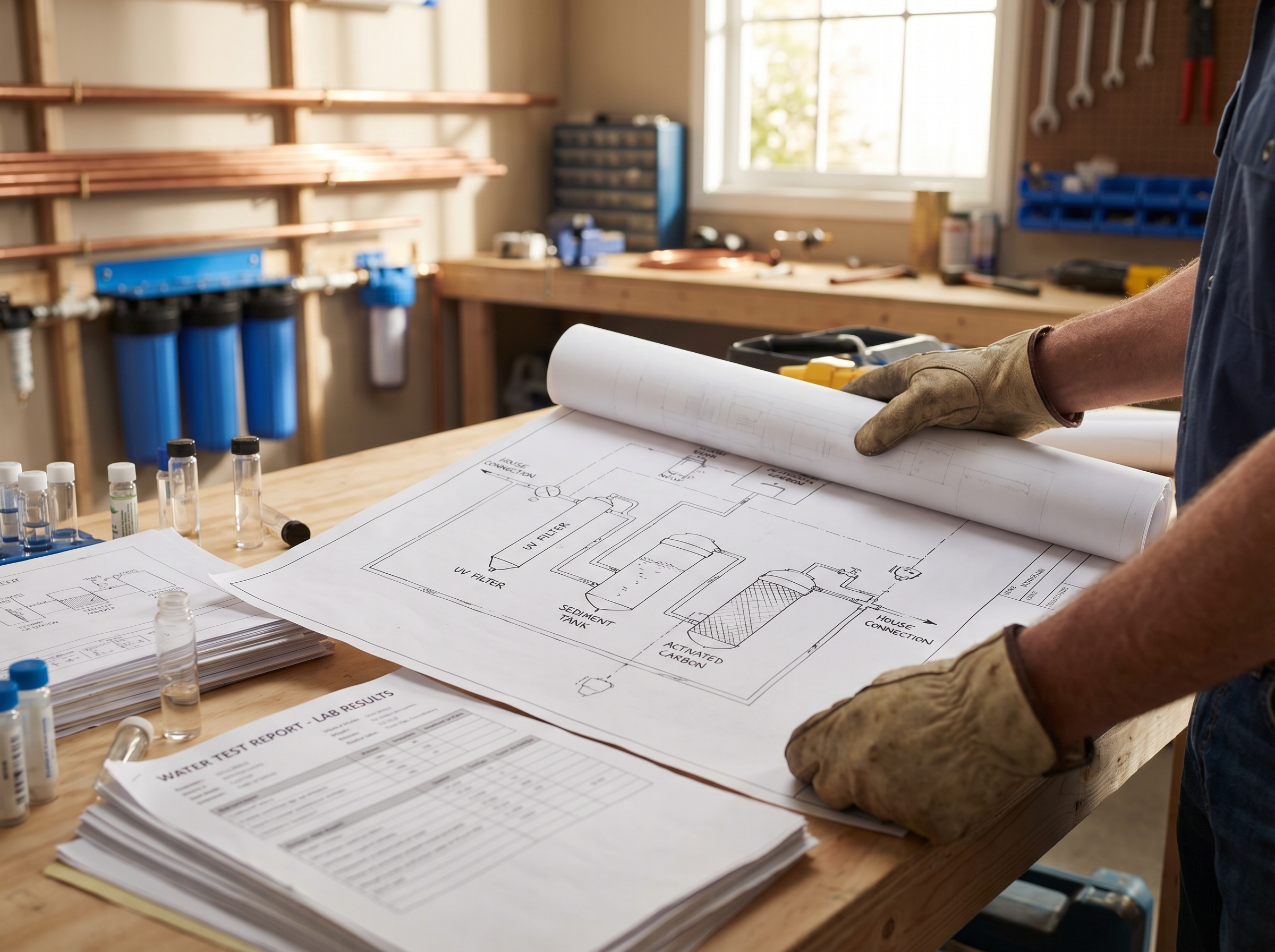Plumber reviewing custom water filtration system design blueprint with lab test results